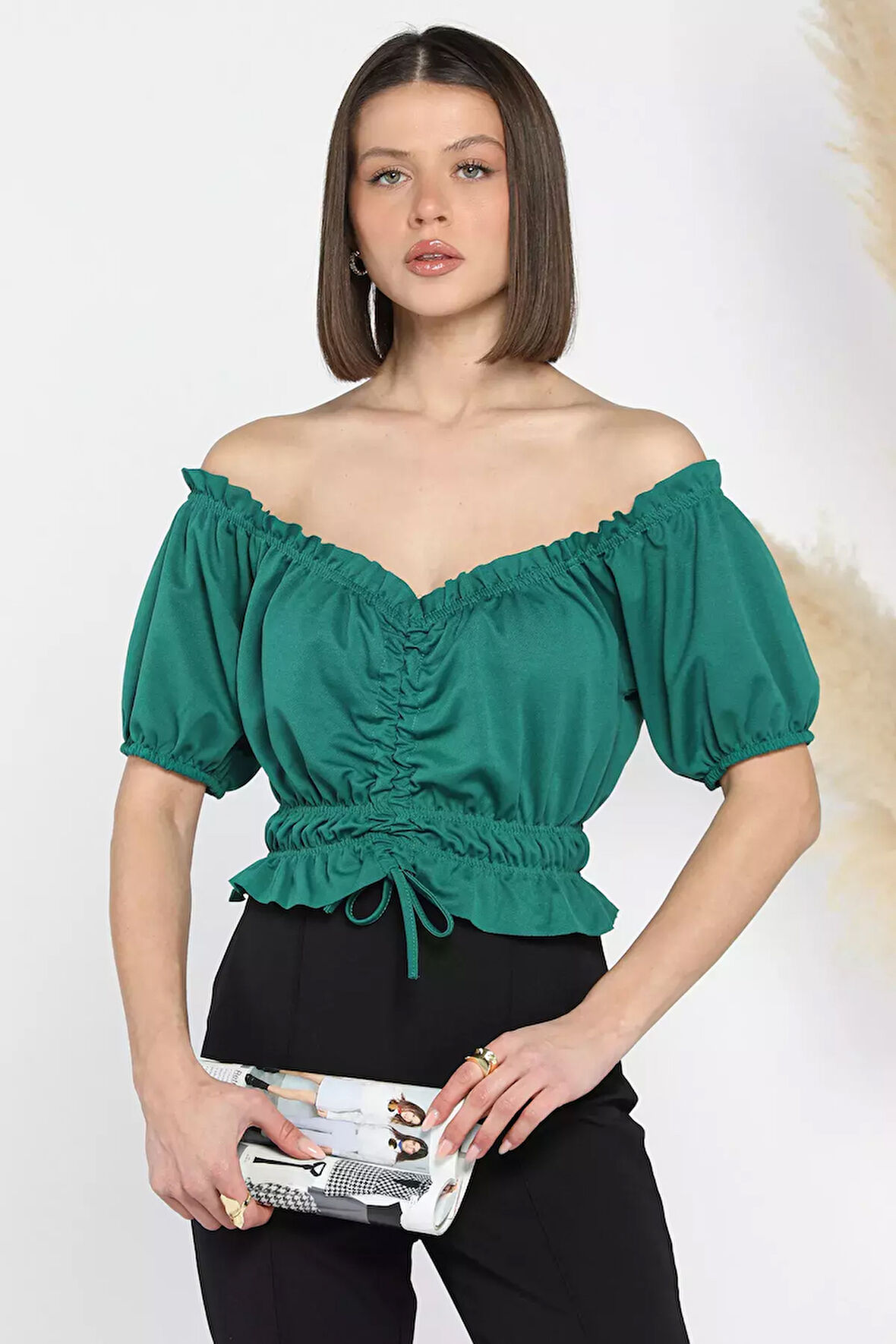 Karpuz Kol Bel Lastikli Fırfır Detaylı Kadın Crop Bluz