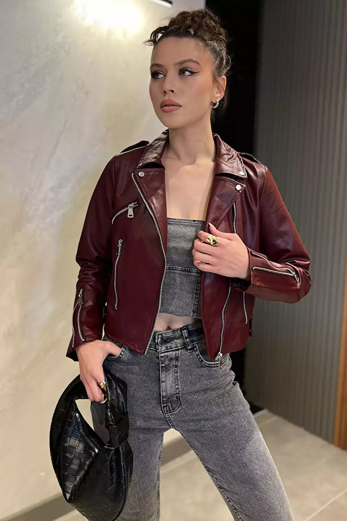 Kadın Fermuarlı Crop Top Suni Deri Ceket