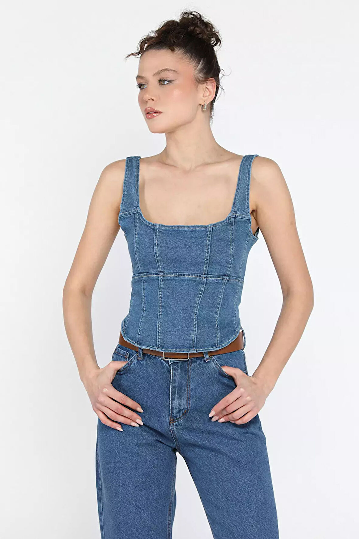 Kadın Fermuarlı Jean Kot Büstiyer
