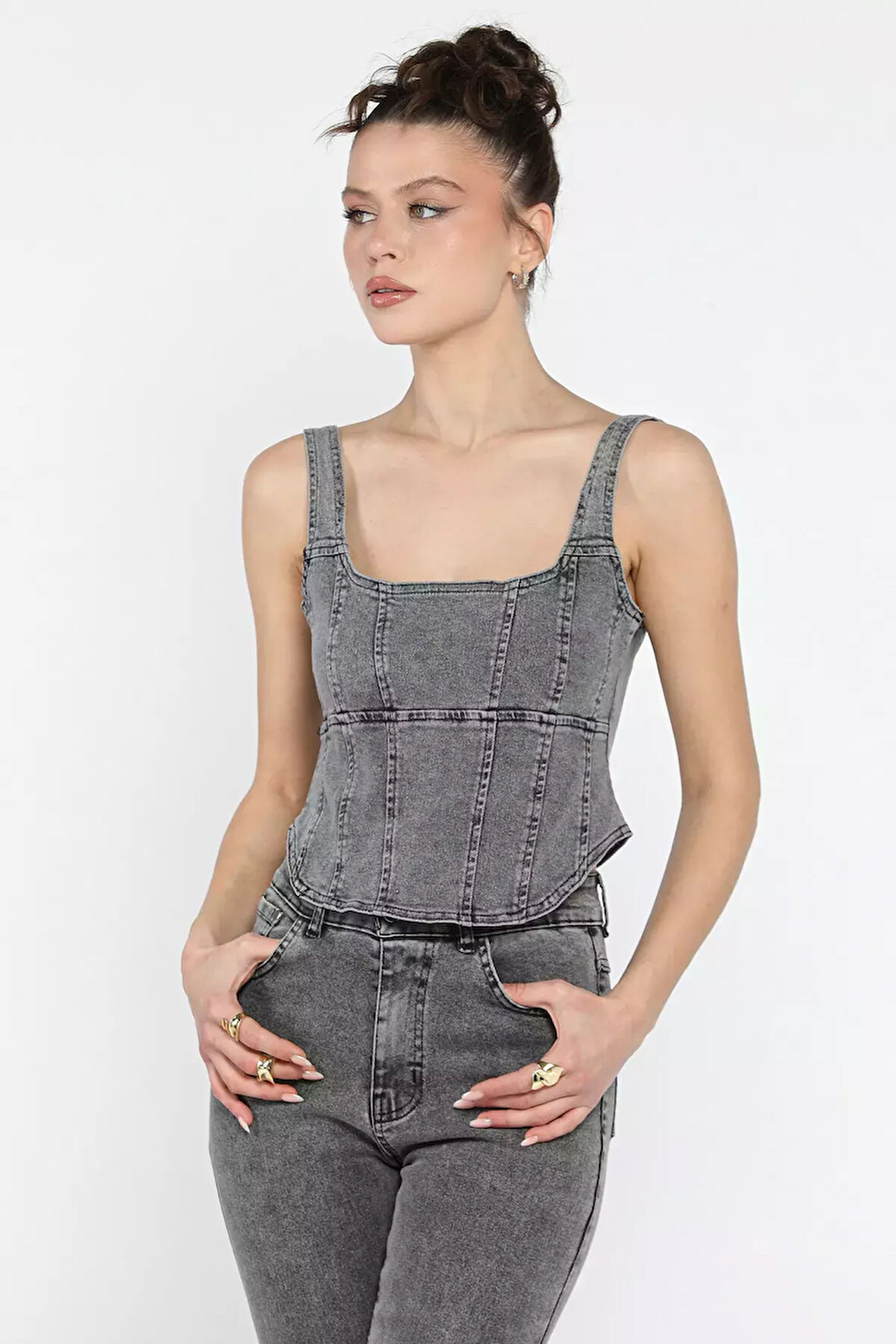 Kadın Fermuarlı Jean Kot Büstiyer