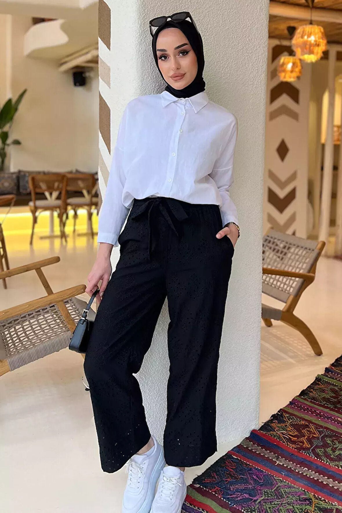 Kadın Yüksek Bel Fistolu Bel Lastikli Kuşaklı Pantolon