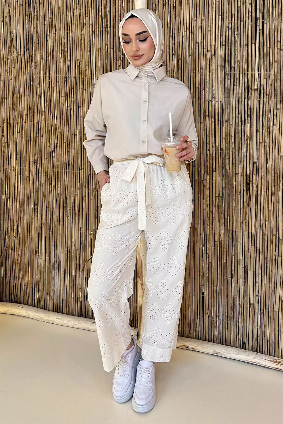 Kadın Yüksek Bel Fistolu Bel Lastikli Kuşaklı Pantolon