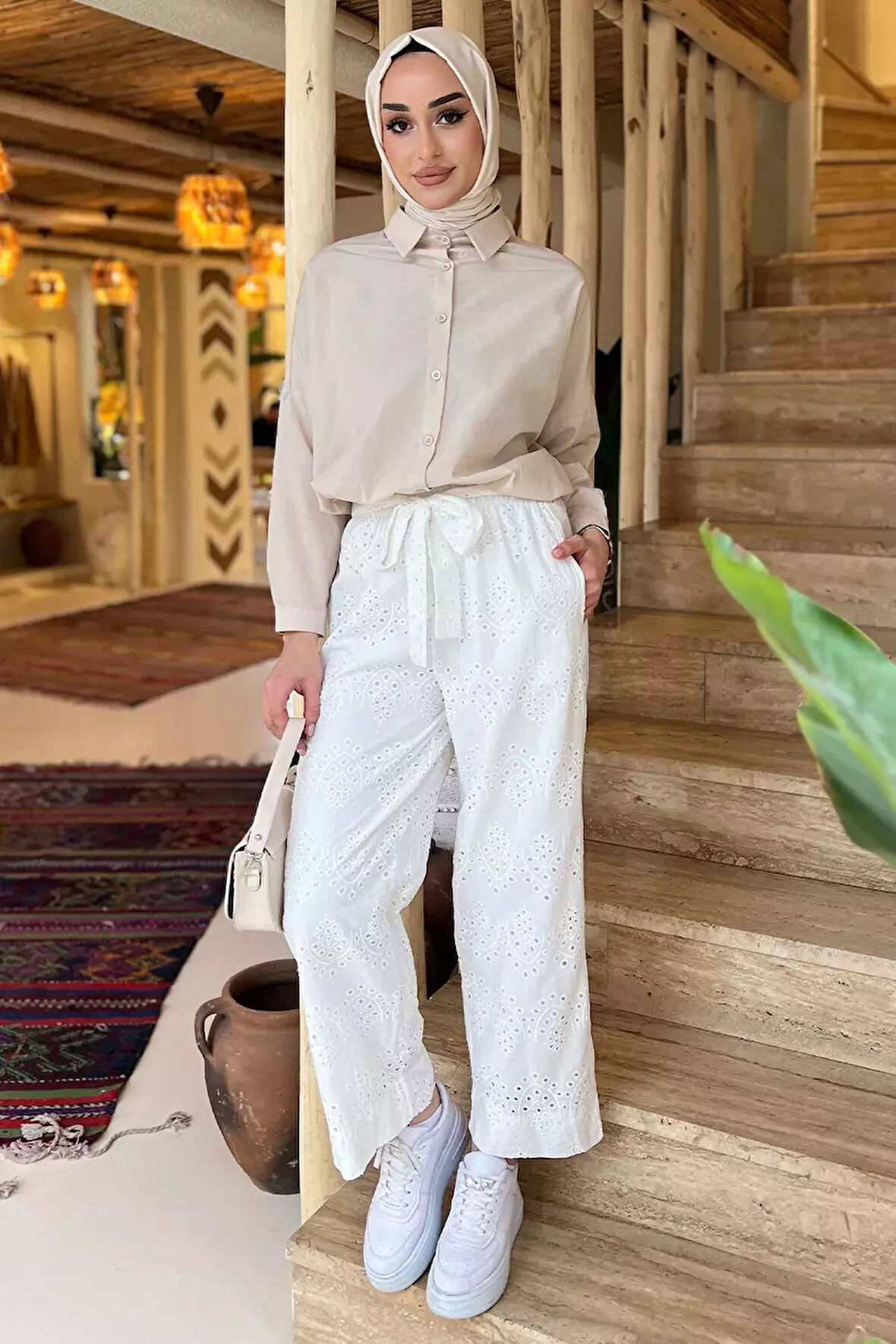 Kadın Yüksek Bel Fistolu Bel Lastikli Kuşaklı Pantolon