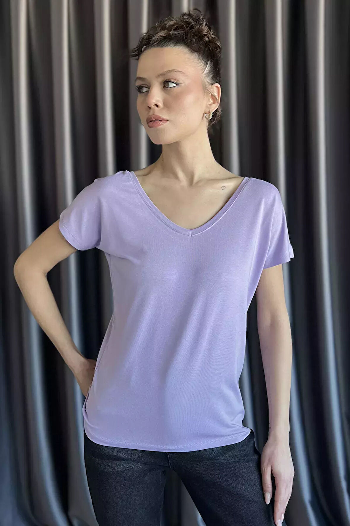 Ön Arka V Yaka Kadın T-shirt