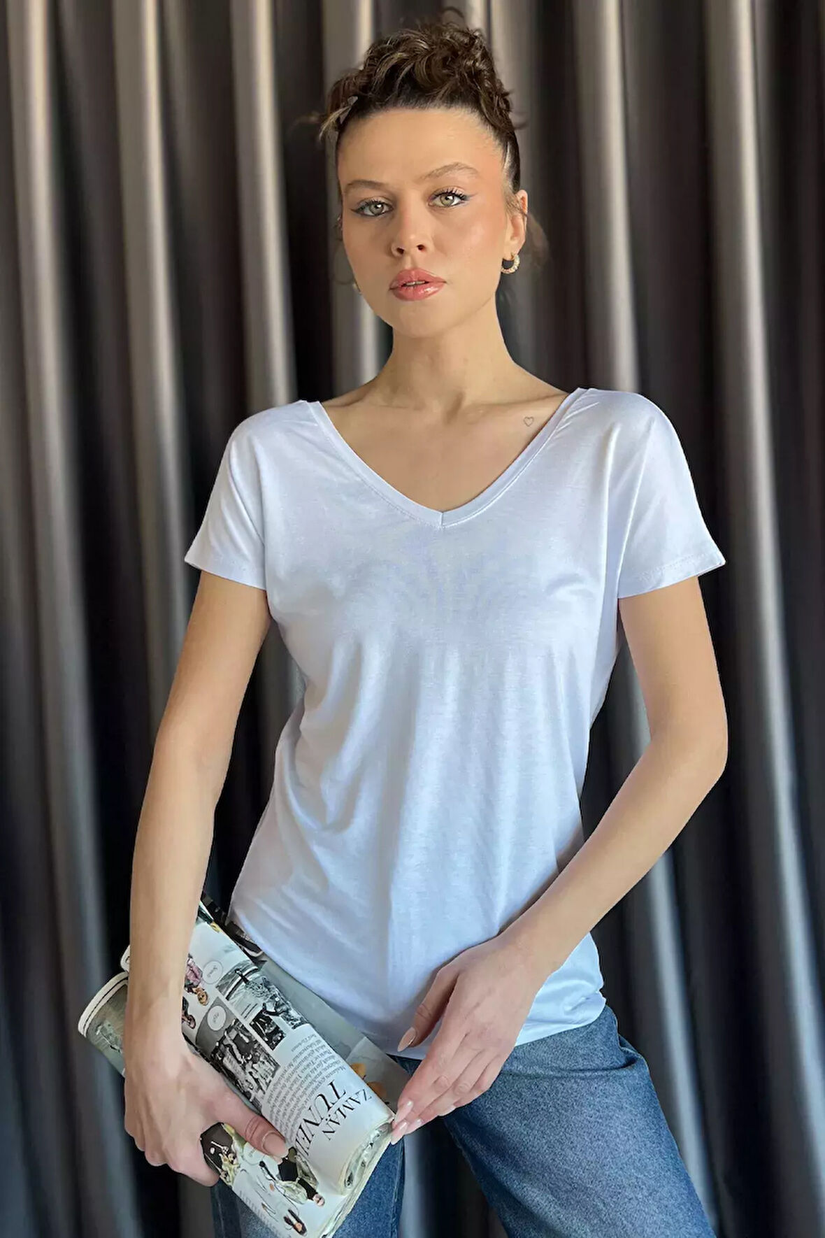 Ön Arka V Yaka Kadın T-shirt