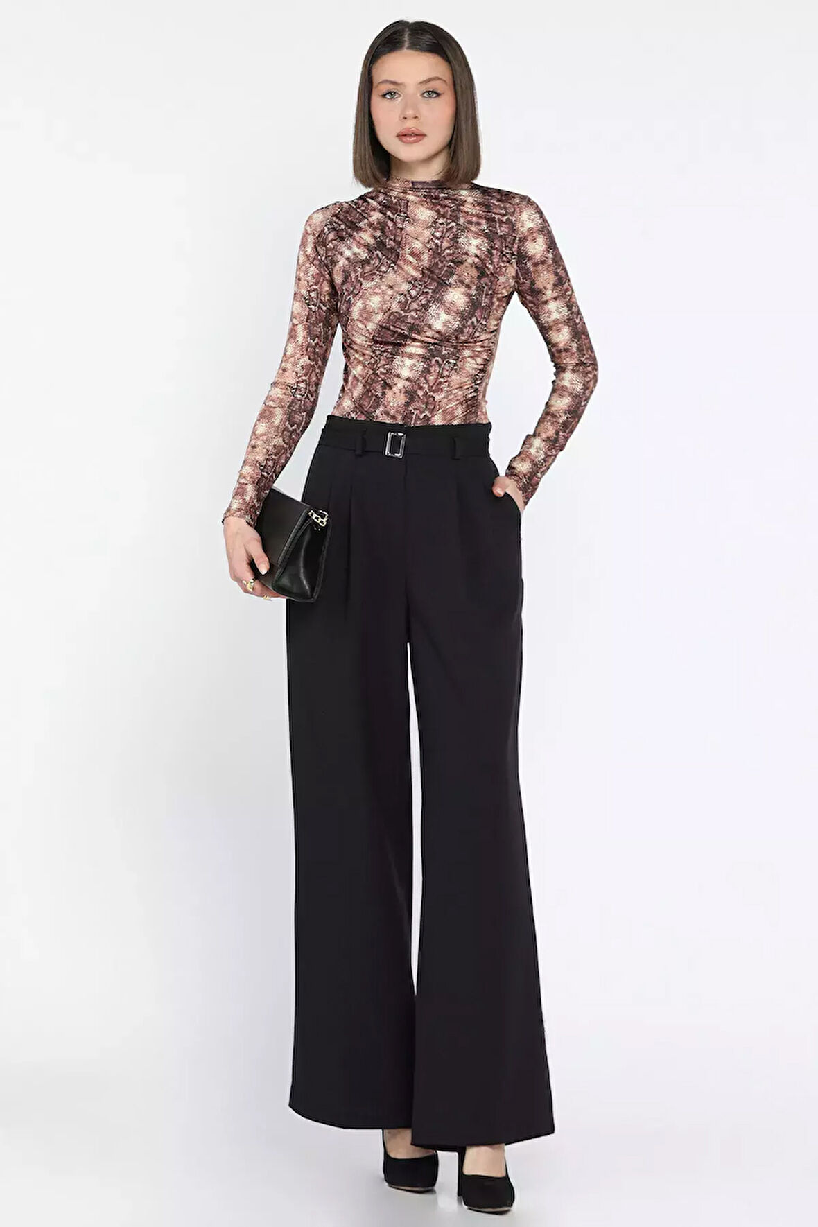 Kadın Yüksek Bel Kemer Detaylı Pileli Pantolon