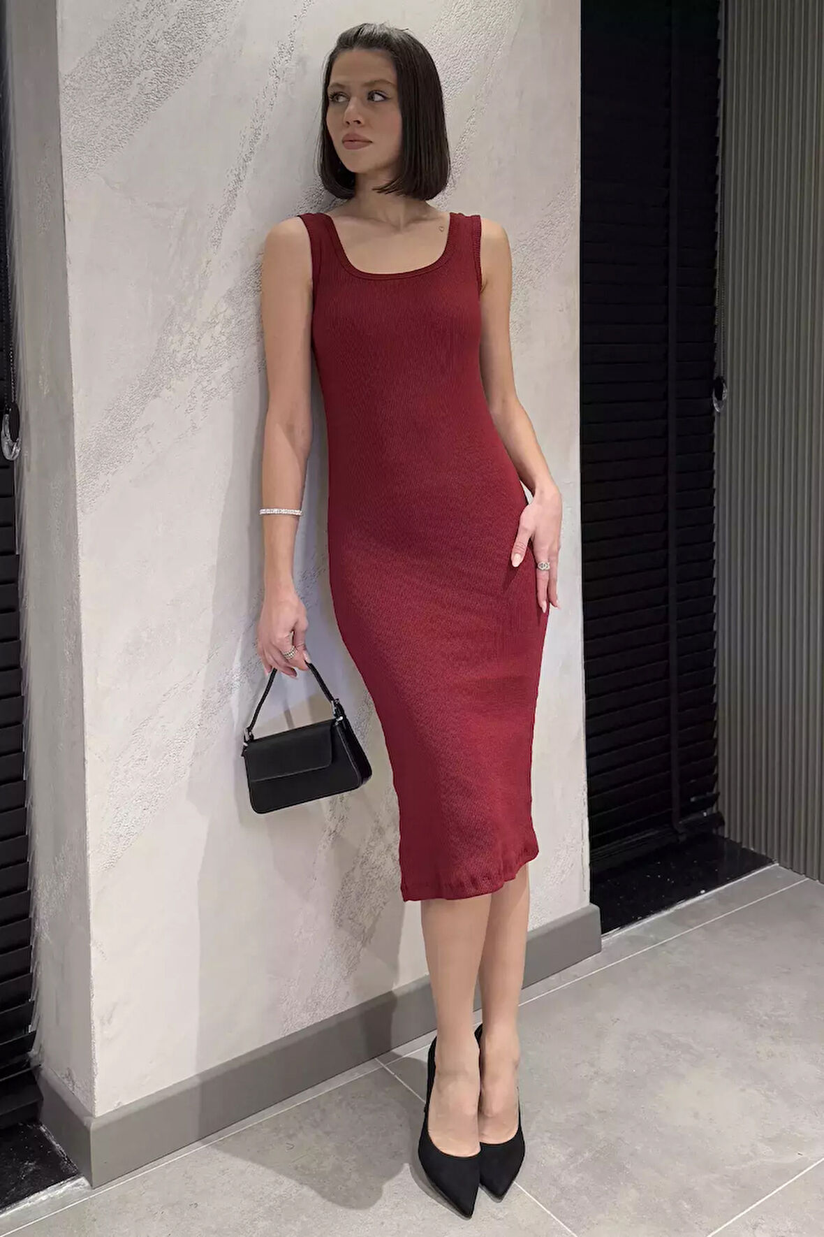 Kaşkorse Kare Yaka Askılı Elbise