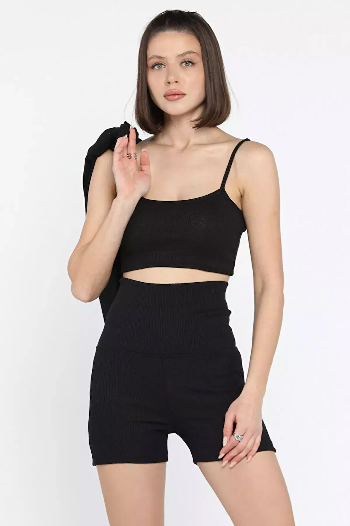 Kadın Kaşkorse Crop Hırka Şort Üçlü Takım