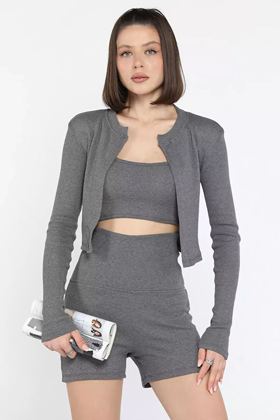 Kadın Kaşkorse Crop Hırka Şort Üçlü Takım