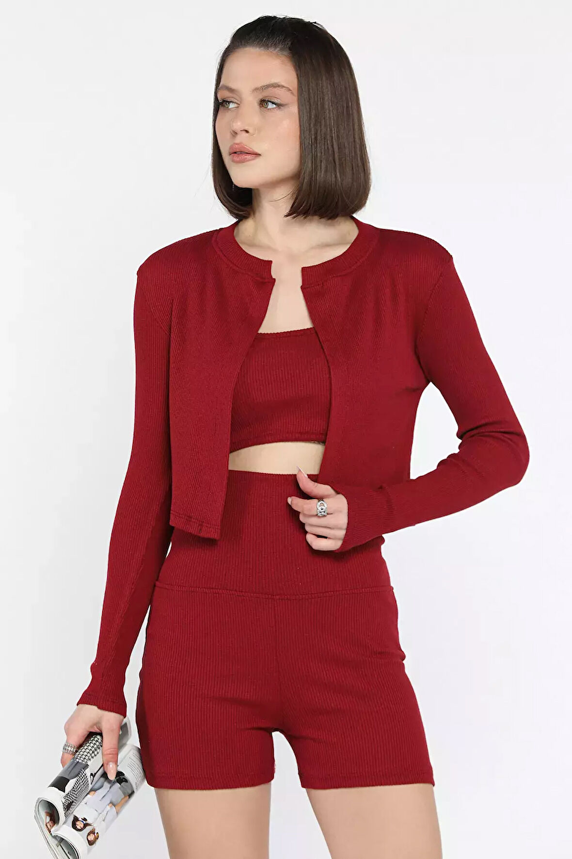 Kadın Kaşkorse Crop Hırka Şort Üçlü Takım