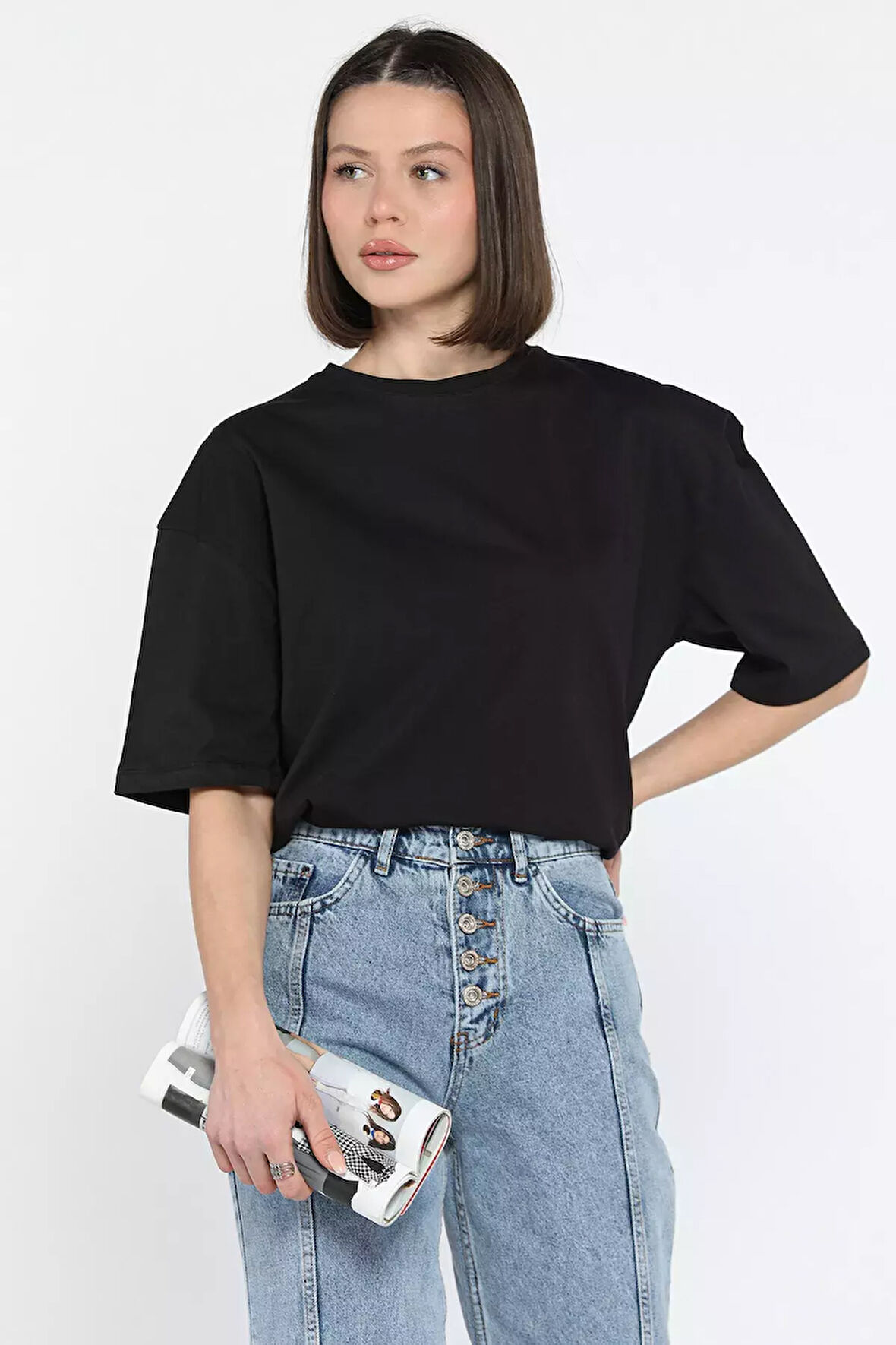 Kadın Bisiklet Yaka Oversize Basic Tişört