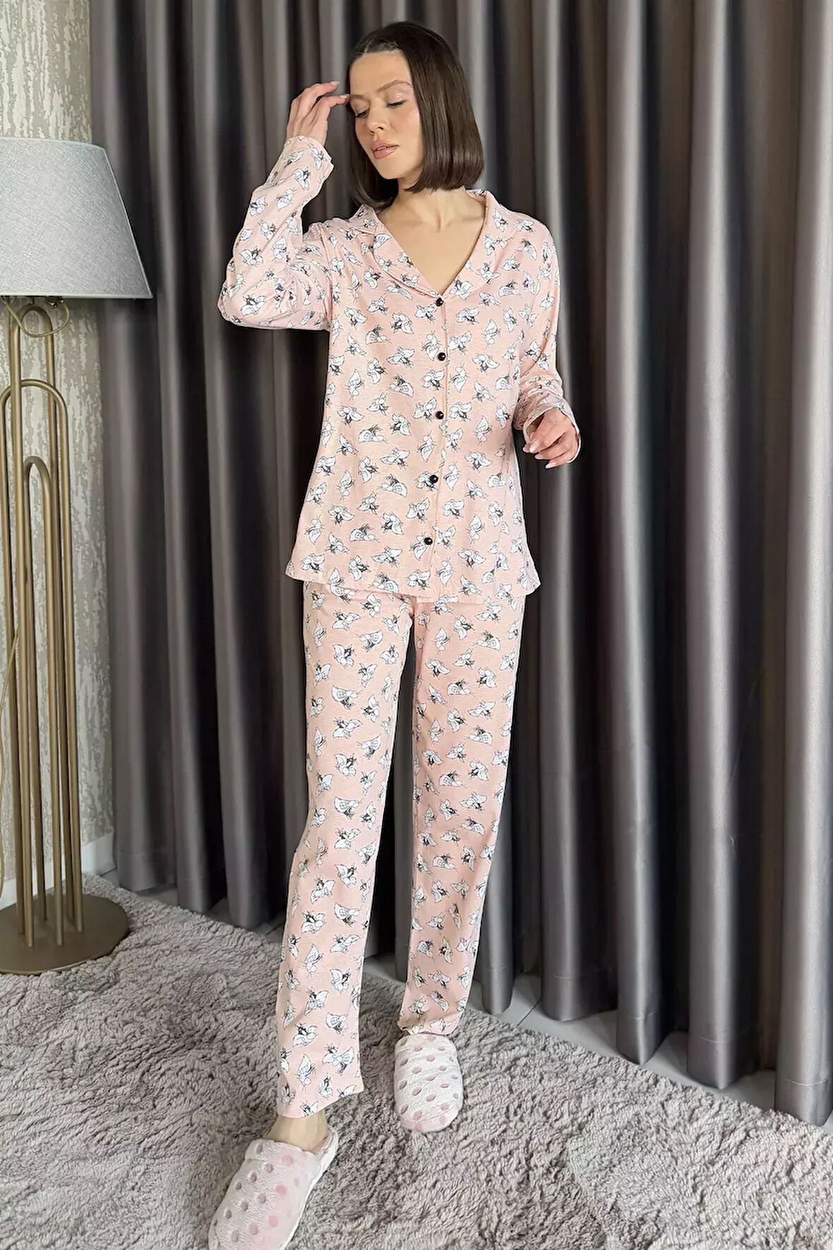 Kadın Boydan Düğmeli Baskılı Uzun Kol Pijama Takımı