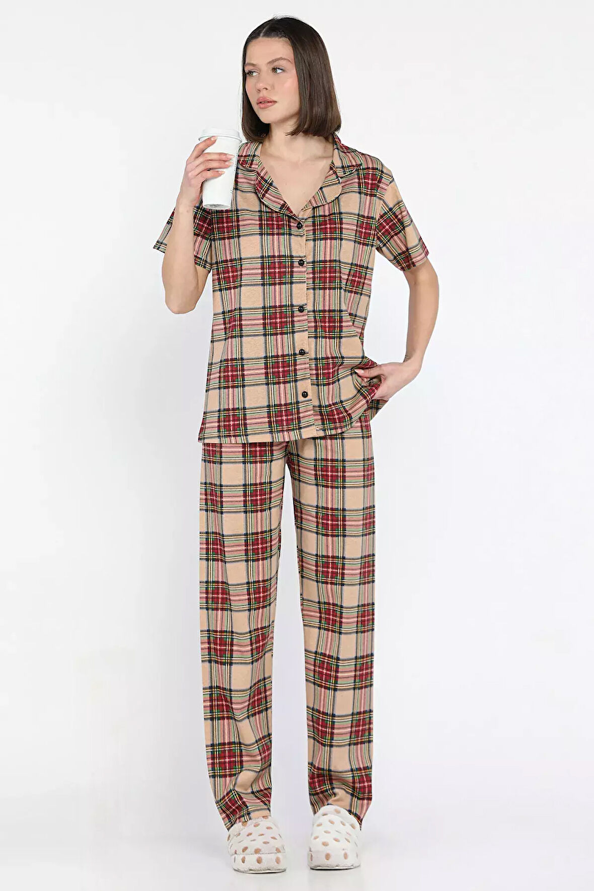 Kadın Ekose Desenli Kısa Kol Ön Düğmeli Pijama Takımı