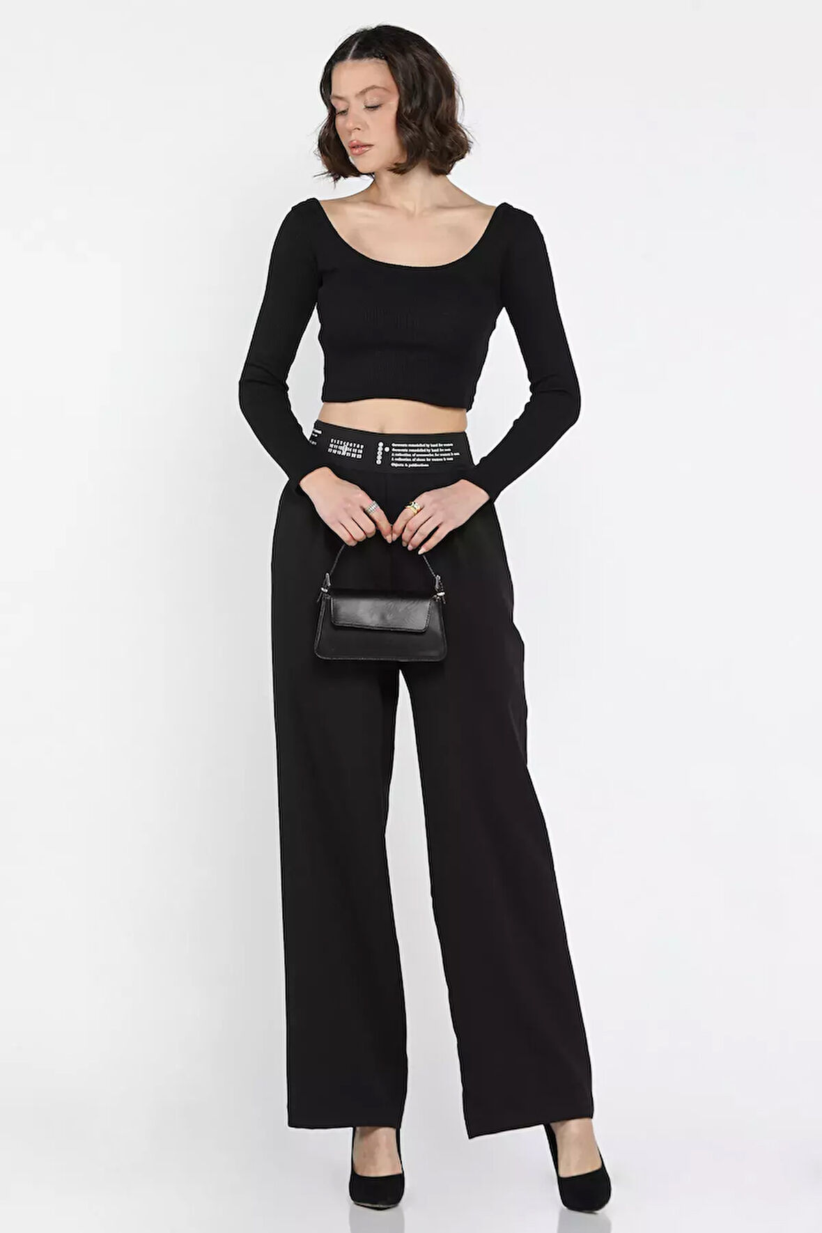 Bel Lastikli Yazı Baskılı Yüksek Bel Kadın Palazzo Pantolon