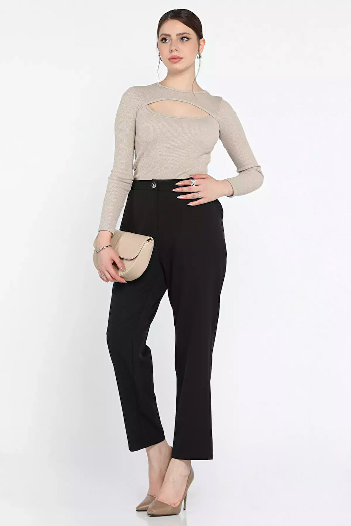 Büyük Beden Bel Lastikli Kadın Kumaş Pantolon