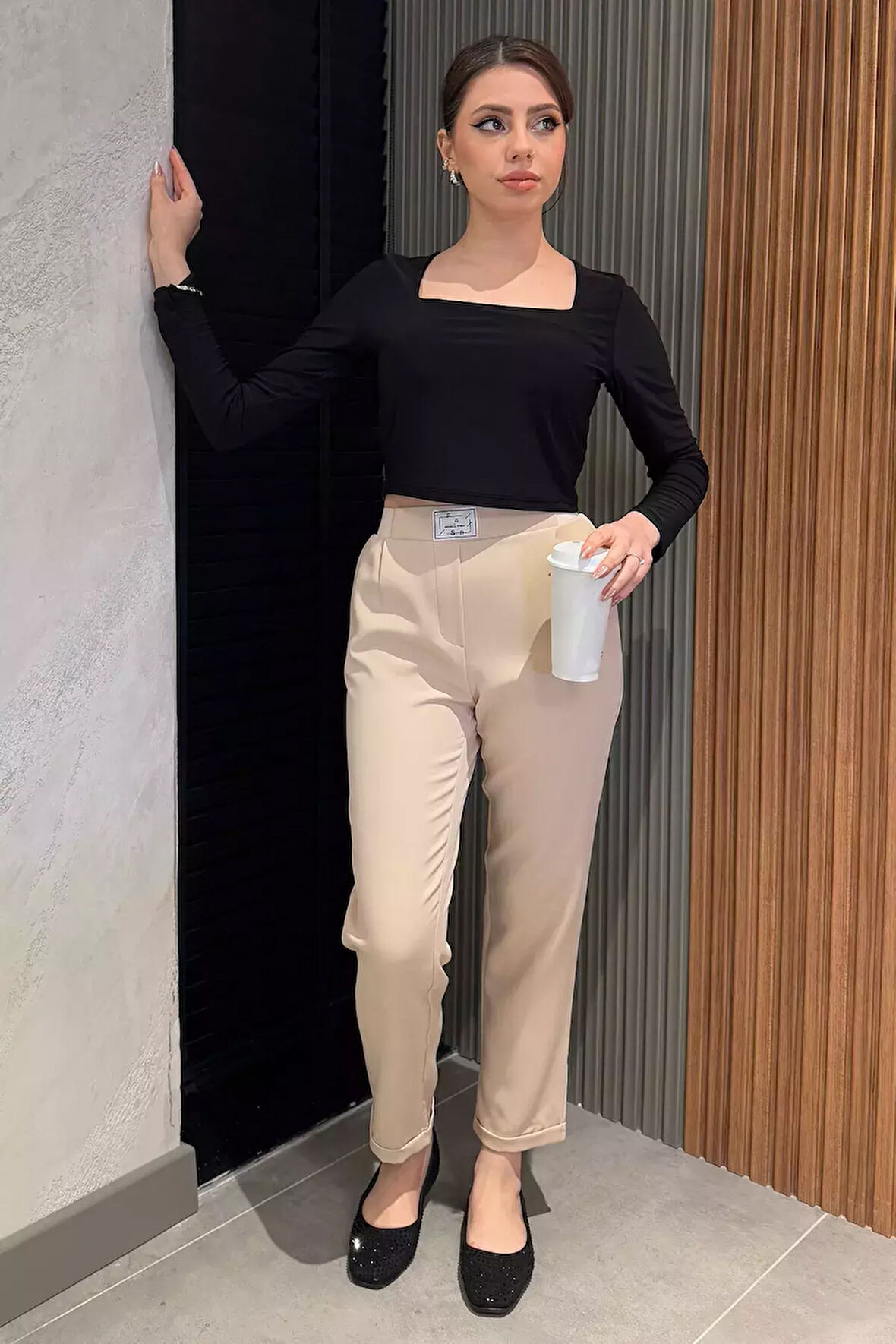 Büyük Beden Bel Lastikli Duble Paça Kadın Pantolon