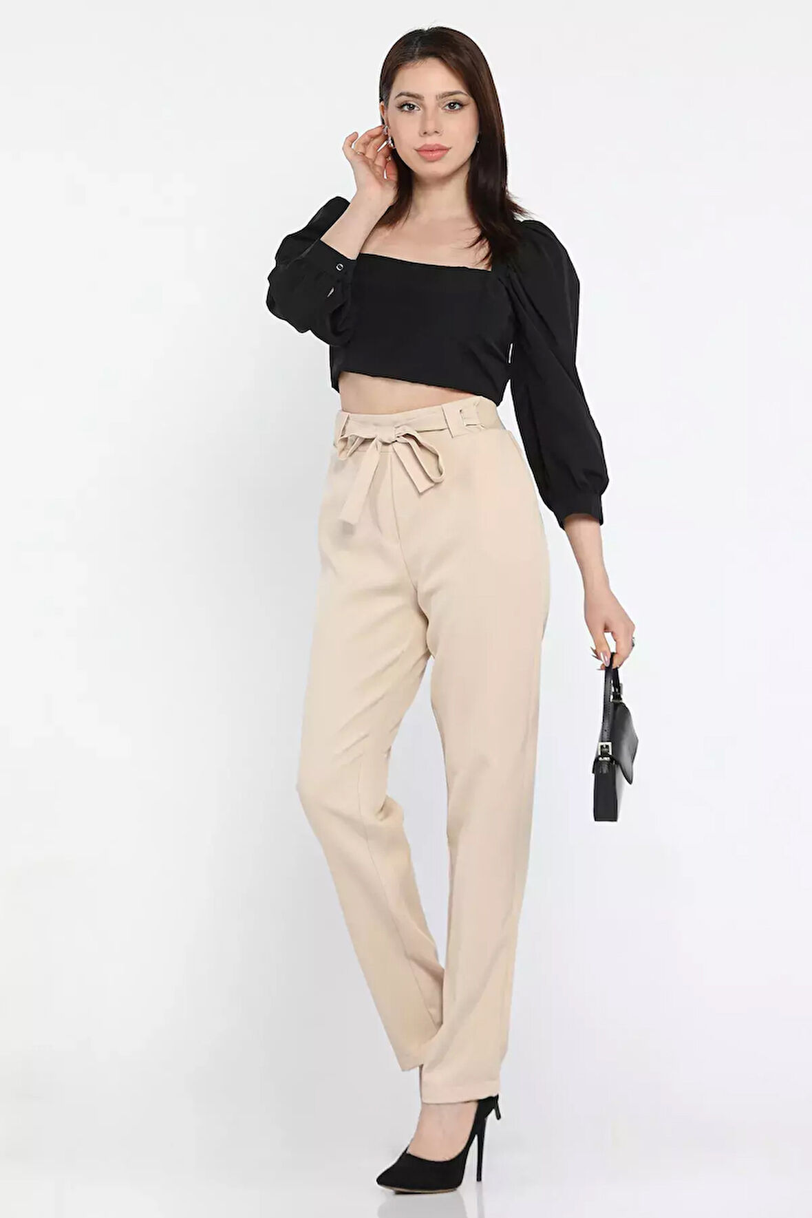 Bel Bağlamalı Lastikli Kadın Boru Paça Büyük Beden Pantolon