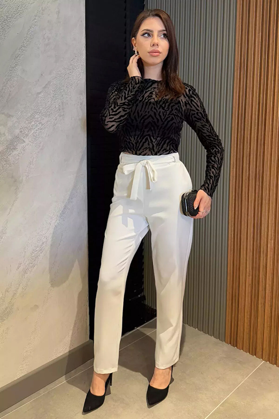 Bel Bağlamalı Lastikli Kadın Boru Paça Büyük Beden Pantolon