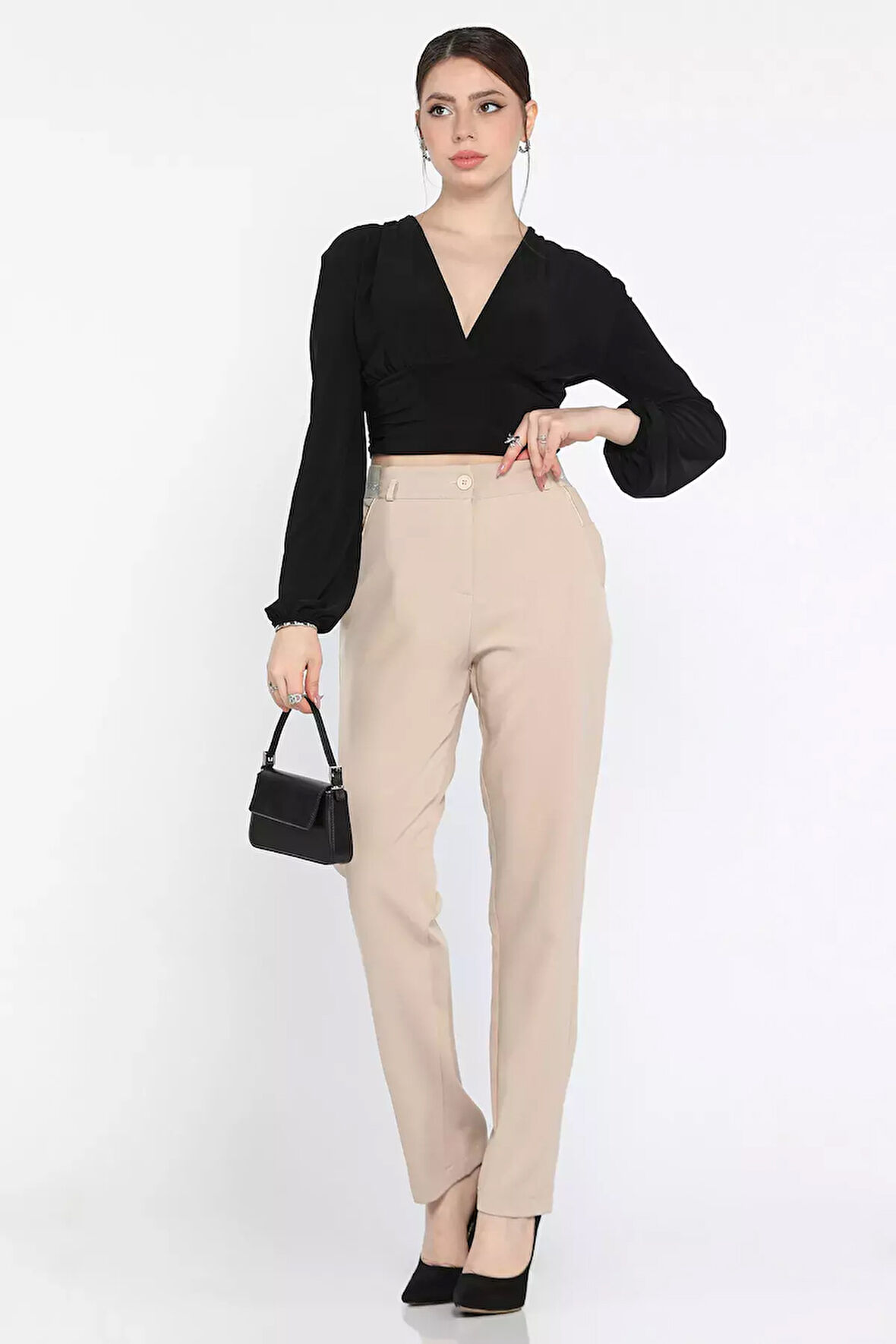 Büyük Beden Bel Lastikli Kadın Kumaş Pantolon