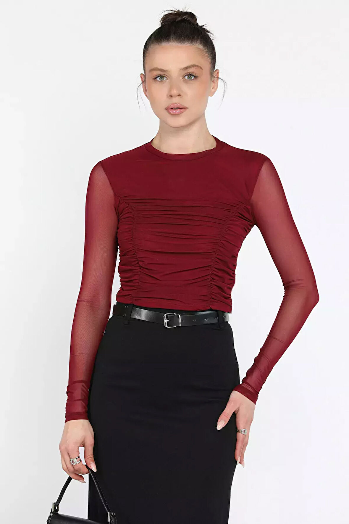 Bisiklet Yaka Ön Büzgülü Transparan Kadın Crop Bluz