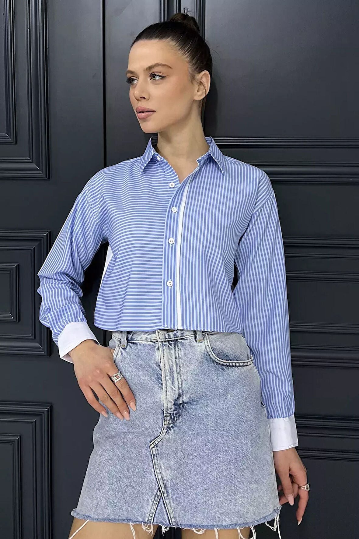 Çizgili Kadın Crop Top Gömlek