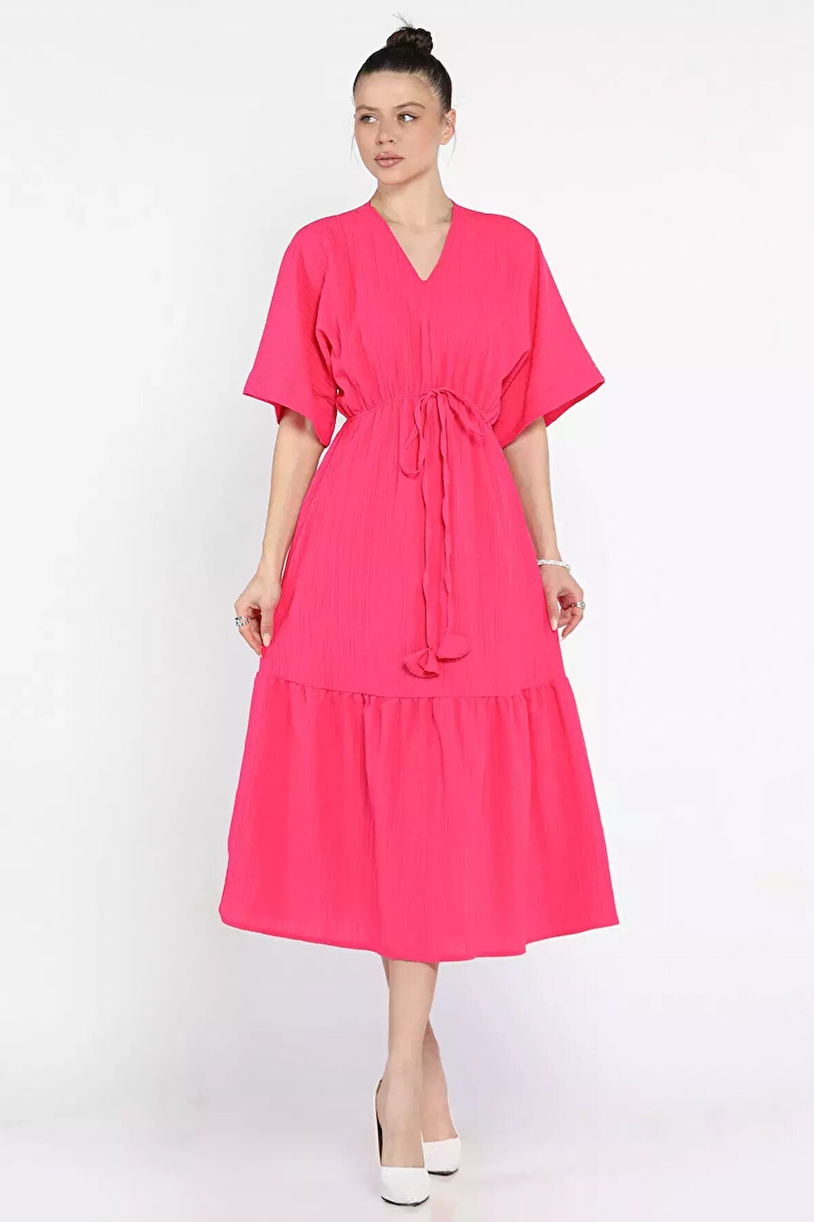 Bel Bağlamalı V Yaka Kadın Elbise