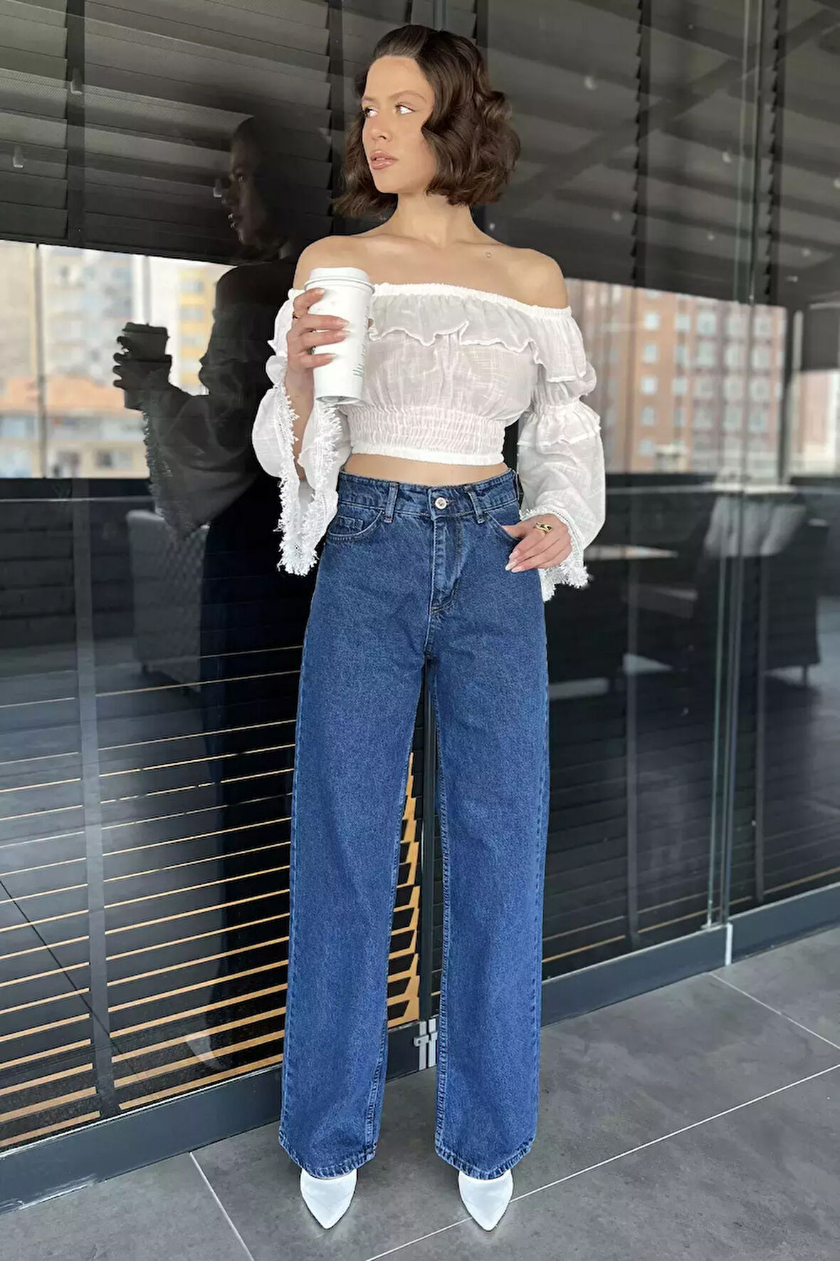 Kadın Bol Paça Yüksek Bel Jean Kot Pantolon