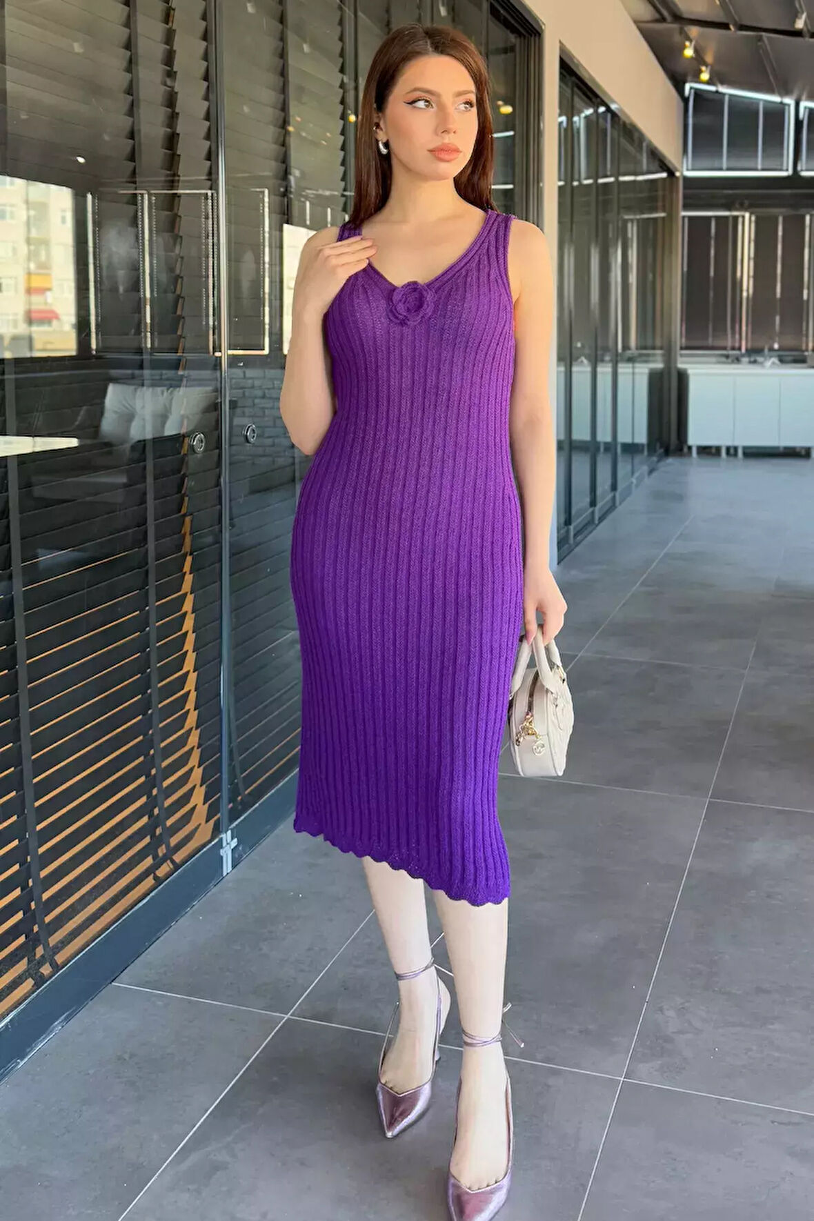 Gül Detaylı Kadın Örme Triko Elbise ( İçlikle Giyilmesi Önerilir)