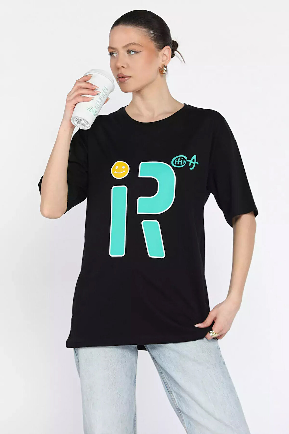 Ön Baskılı Bisiklet Yaka Kadın Tişört