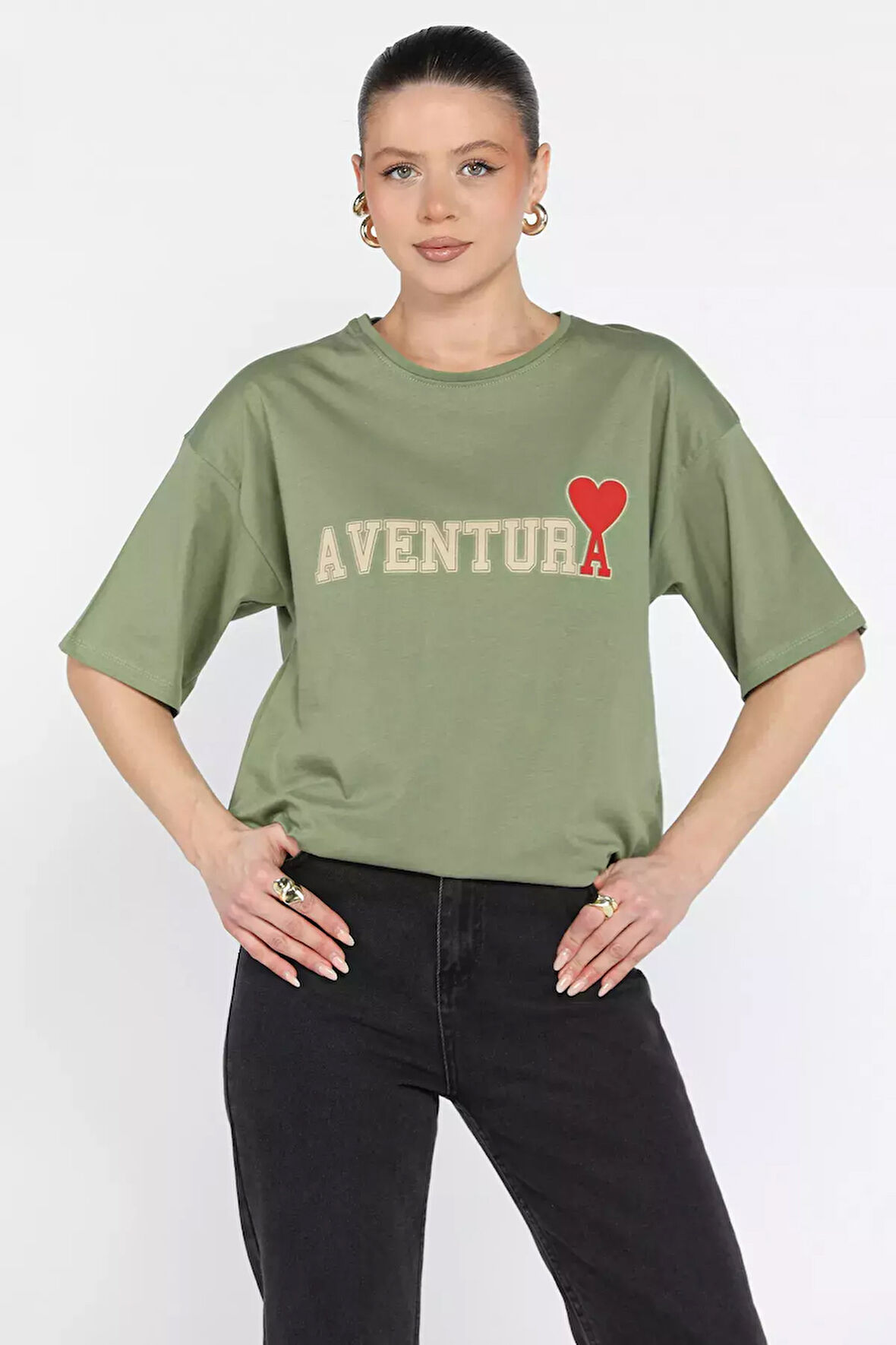 Ön Yazı Baskılı Bisiklet Yaka Kadın Tişört