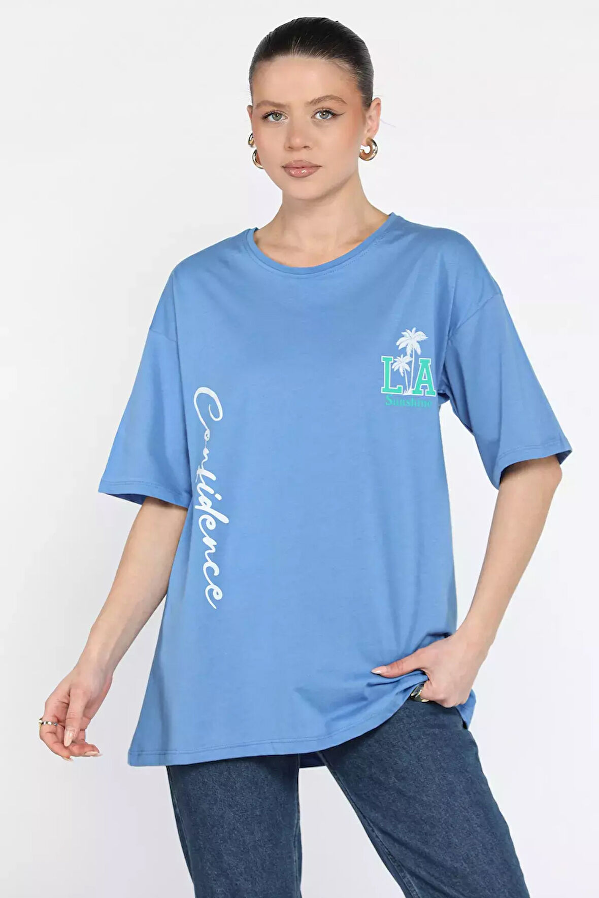 Baskılı Bisiklet Yaka Kadın Tişört