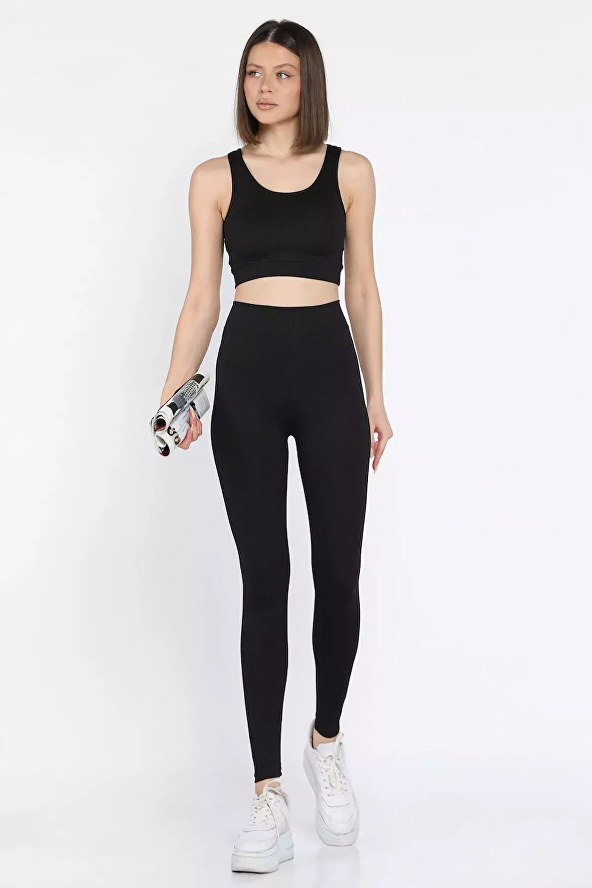 Kadın Kalın Askılı Fitilli Crop Yüksek Bel Sporcu Tayt İkili Takım