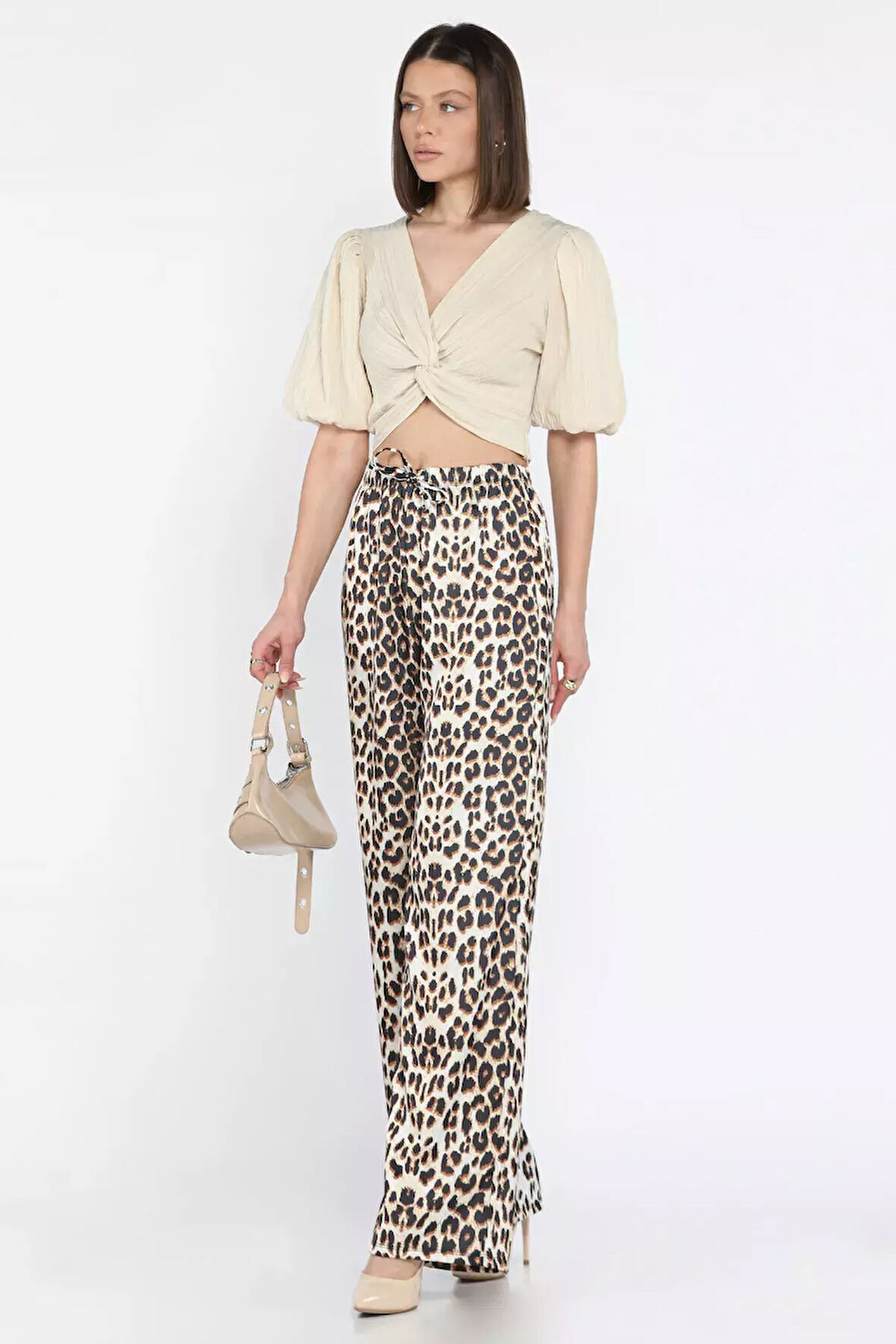 Kadın Bel Lastikli Yüksek Bel Leopar Desenli Bol Kesim Pantolon