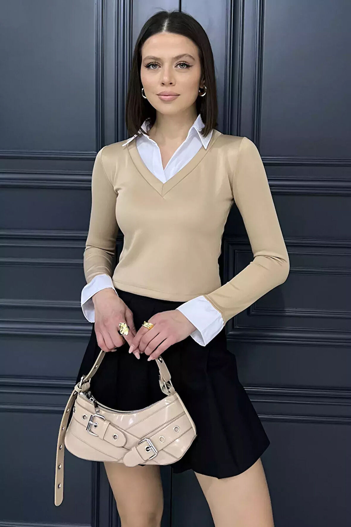 Kadın Gömlek Garnili Crop Bluz