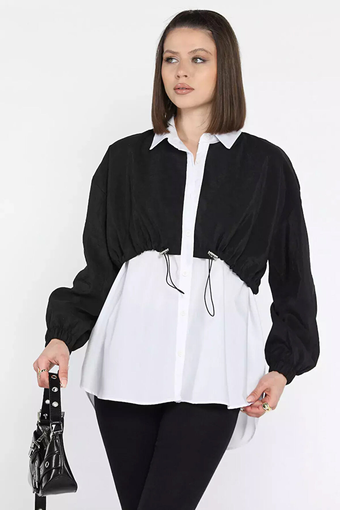 Bel Büzgülü Kadın Paraşüt Garnili Gömlek