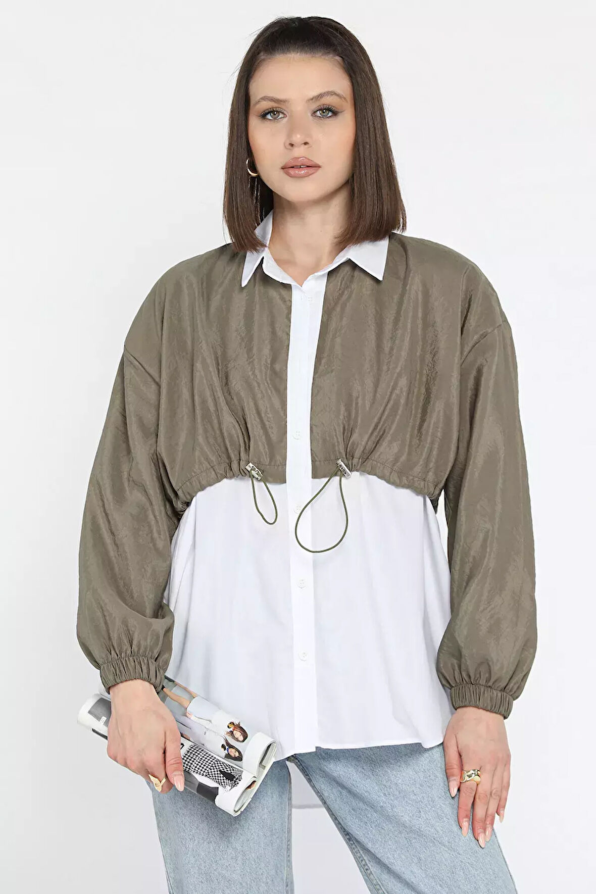 Bel Büzgülü Kadın Paraşüt Garnili Gömlek