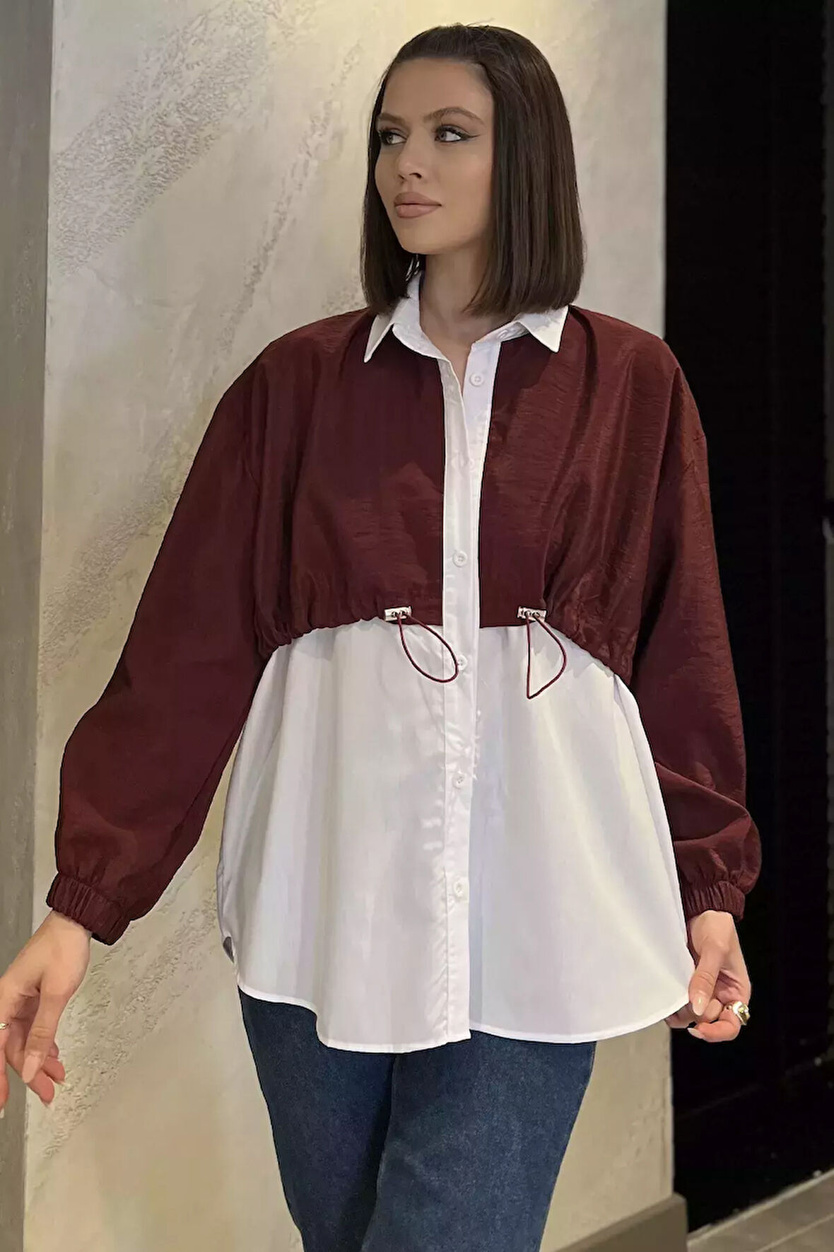 Bel Büzgülü Kadın Paraşüt Garnili Gömlek