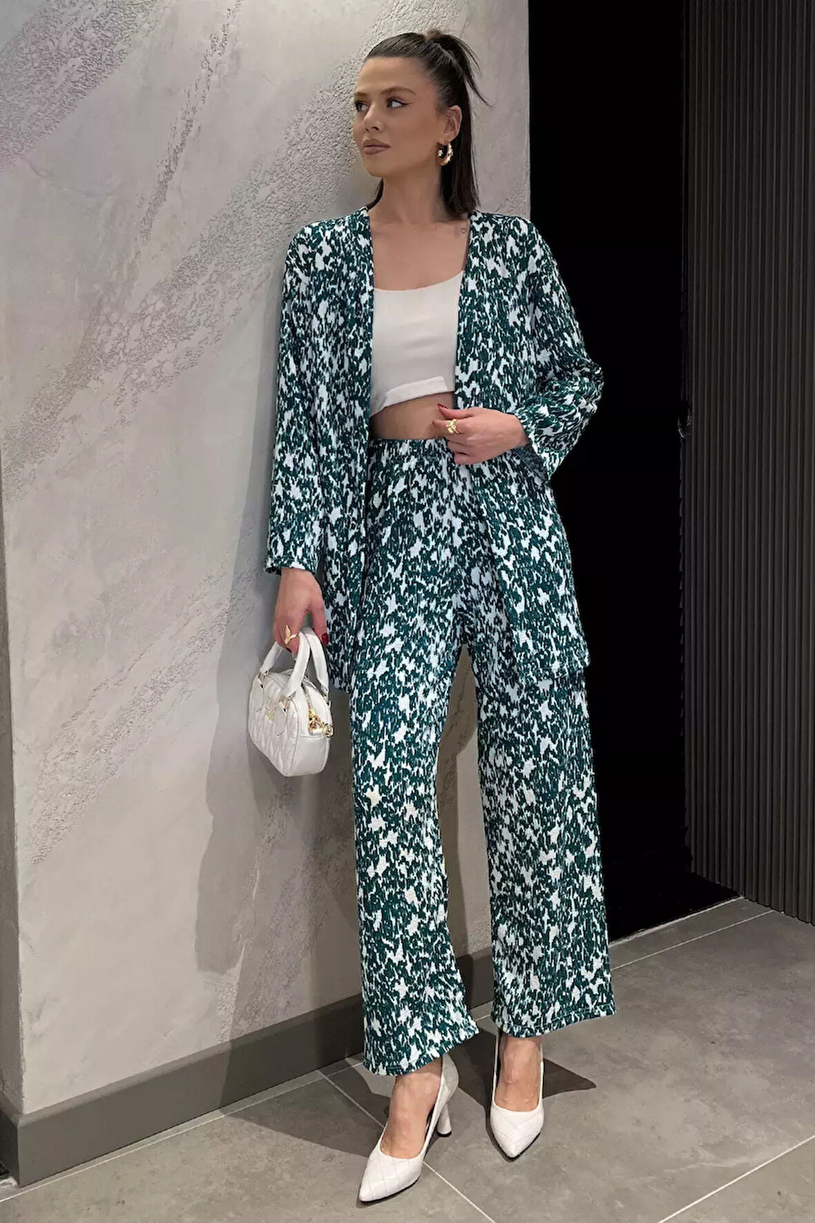 Kadın Desenli Kimono Pantolon İkili Takım