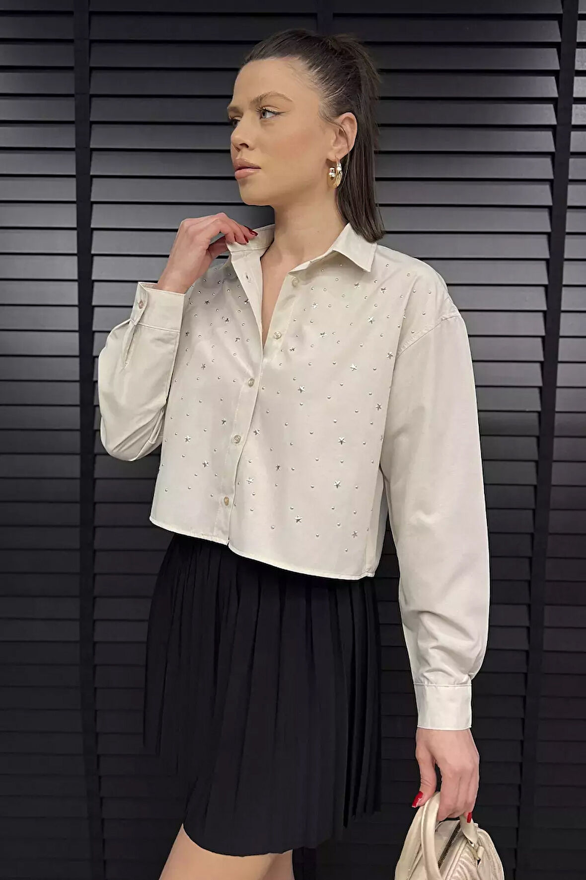 Taşlı Kadın Crop Top Gömlek