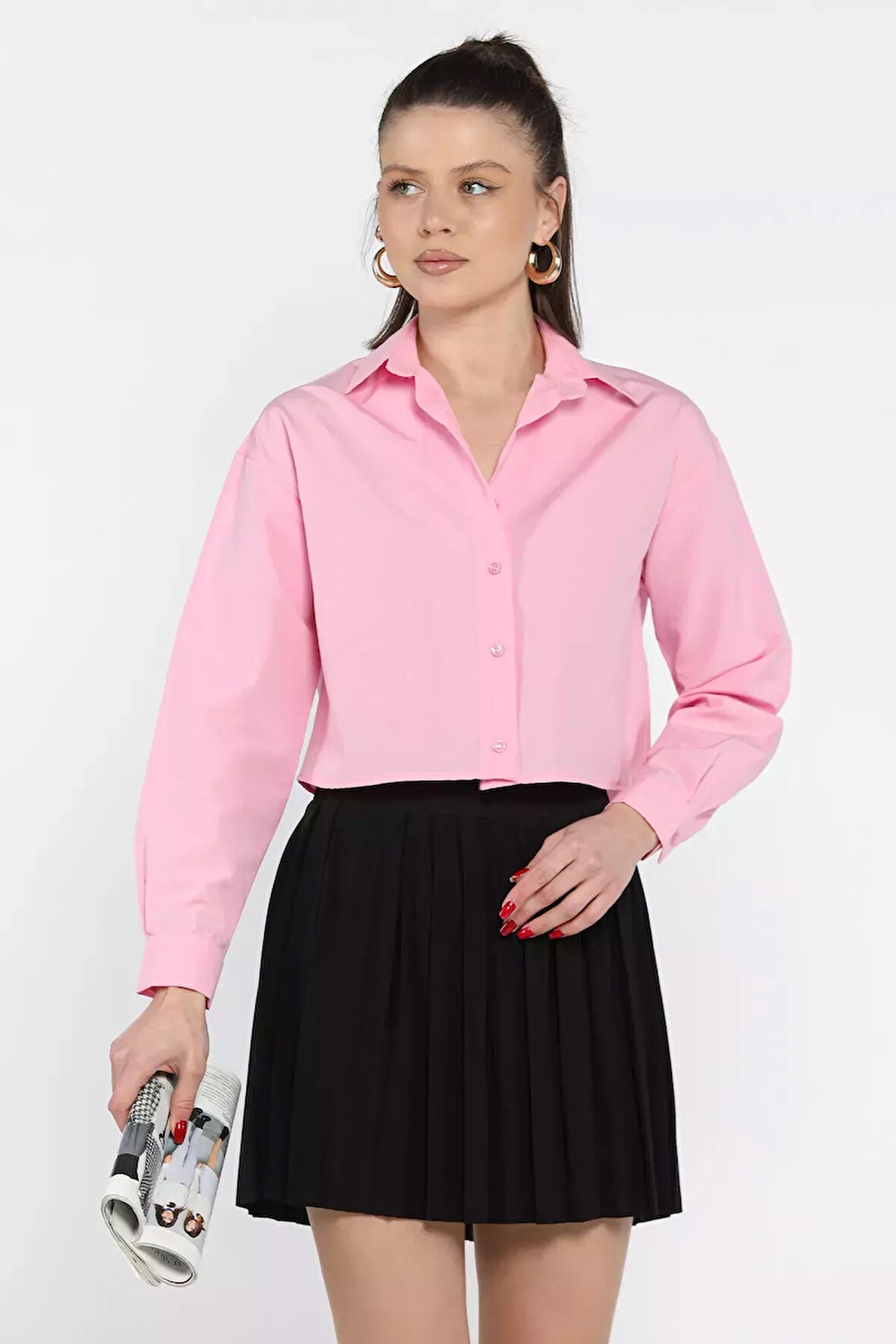 Uzun Kol Kadın Crop Top Gömlek