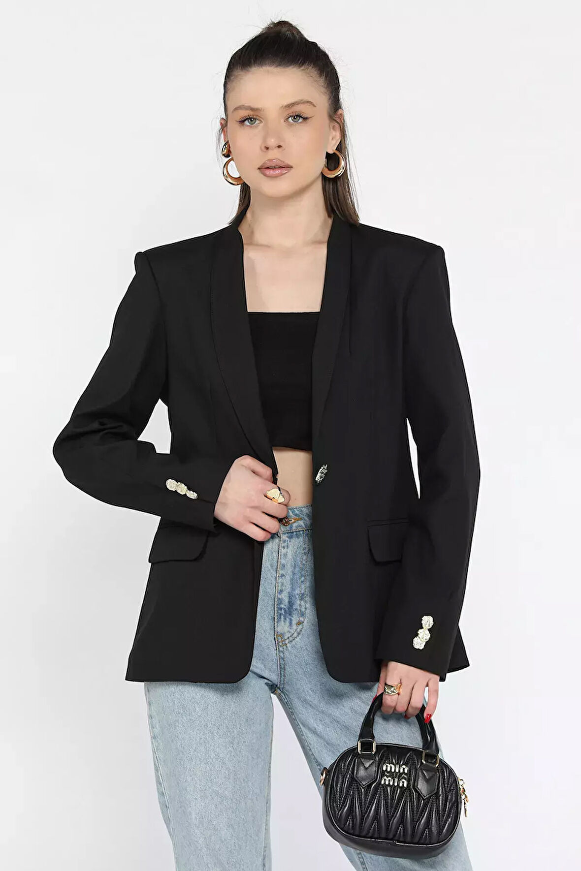 Kadın Düğme Detaylı Kruvaze Yaka Blazer Ceket