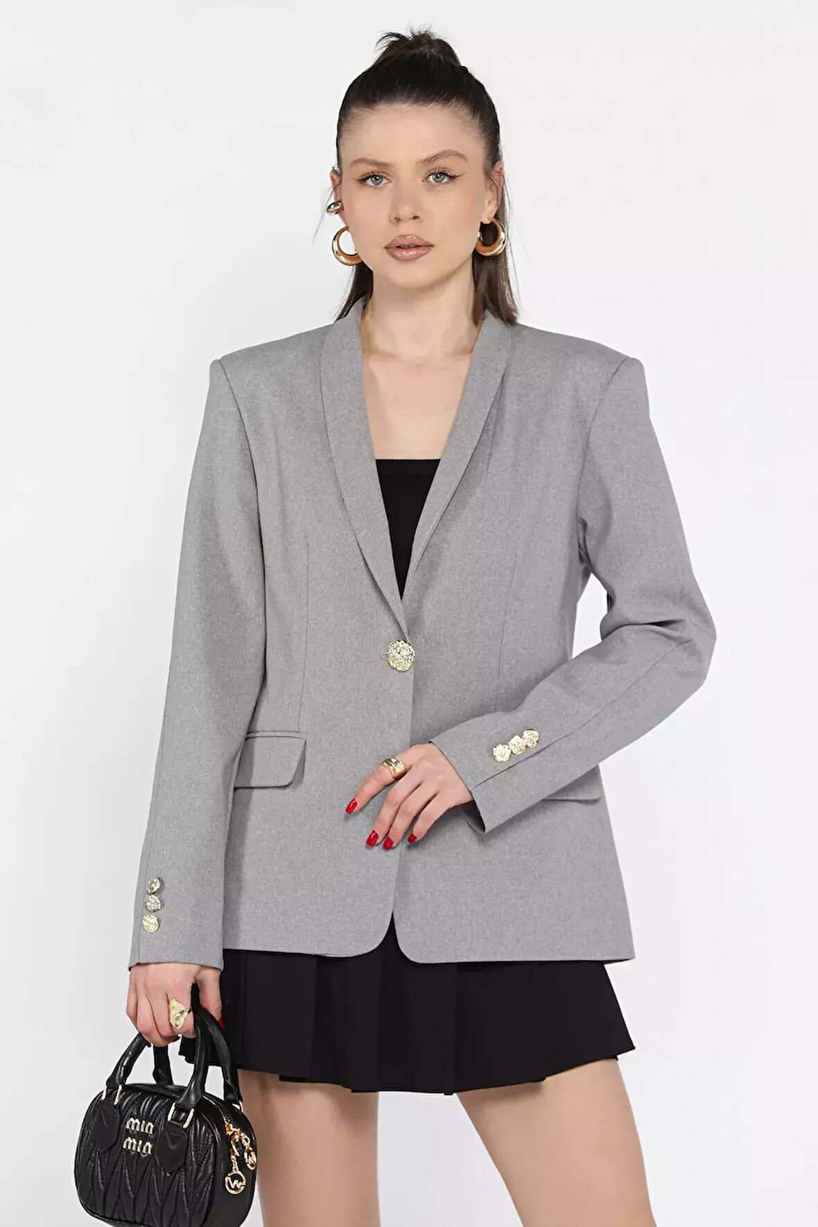 Kadın Düğme Detaylı Kruvaze Yaka Blazer Ceket