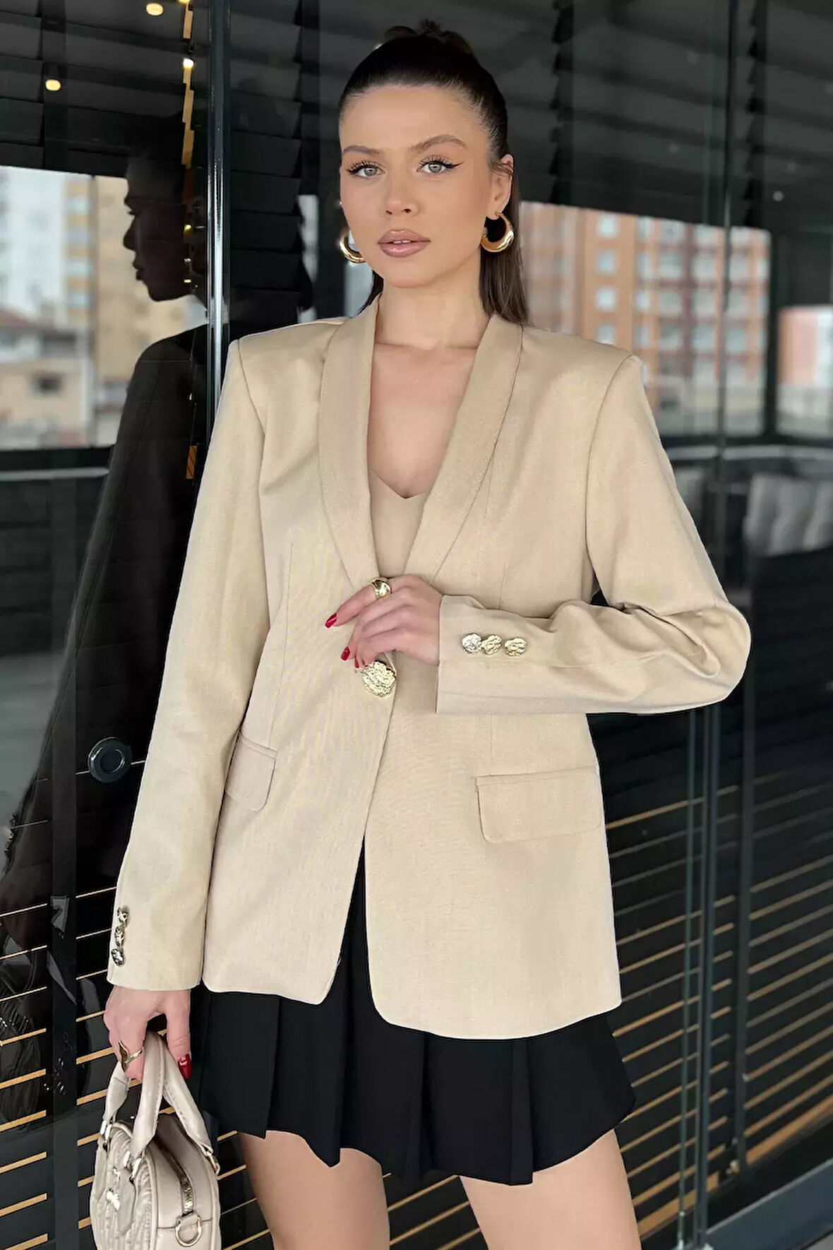 Kadın Düğme Detaylı Kruvaze Yaka Blazer Ceket