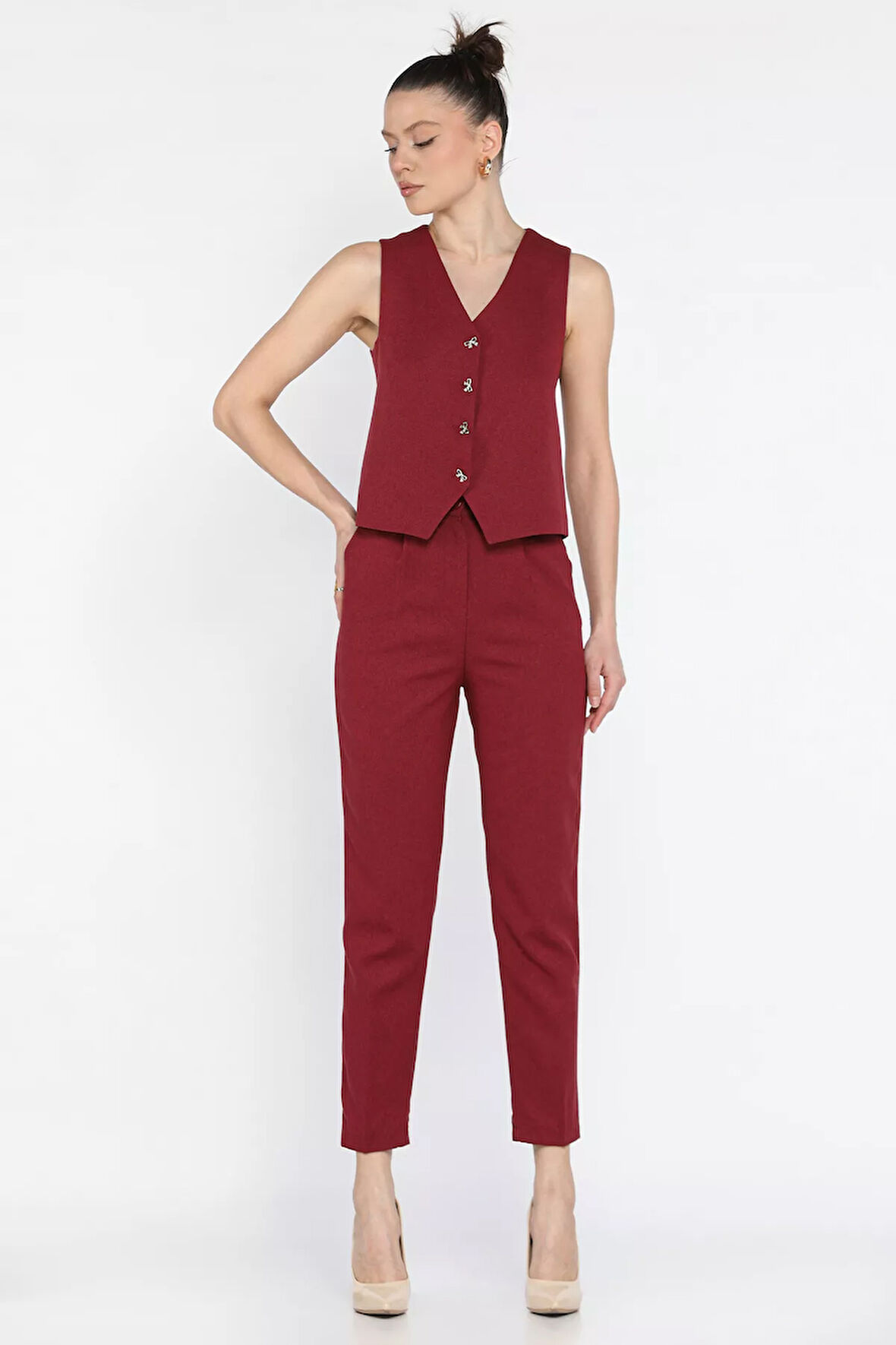 Kadın Düğme Detaylı Astarlı Yelek Pantolon İkili Takım