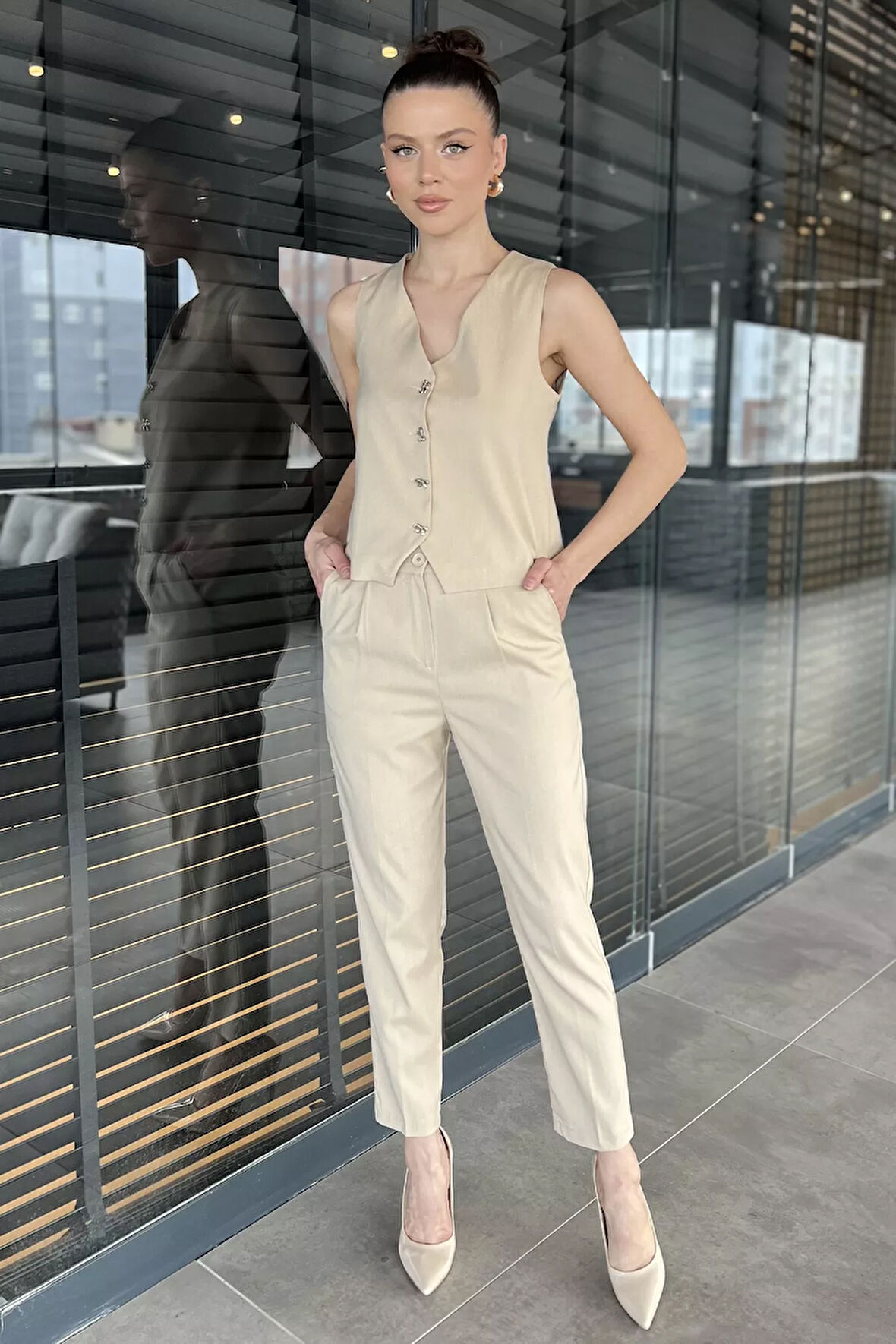 Kadın Düğme Detaylı Astarlı Yelek Pantolon İkili Takım