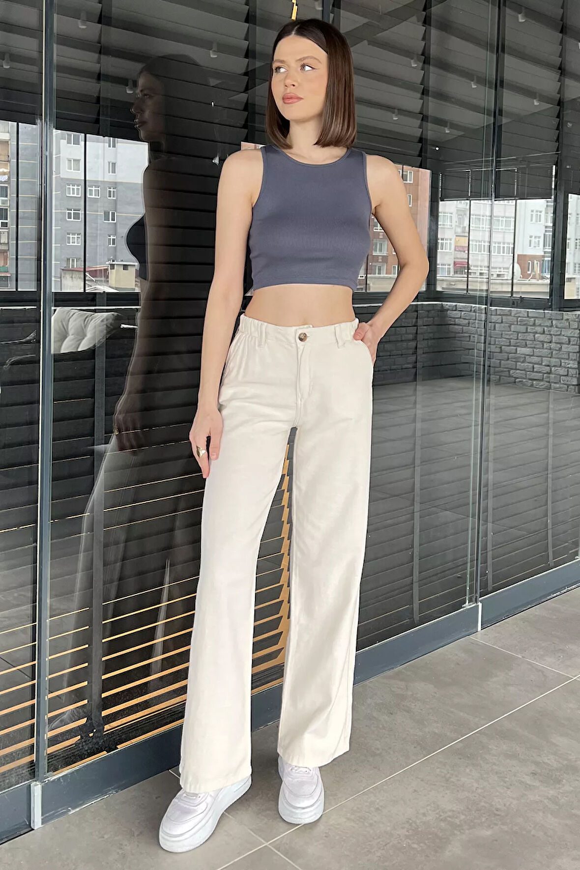 Kadın Yüksek Bel Palazzo Keten Pantolon