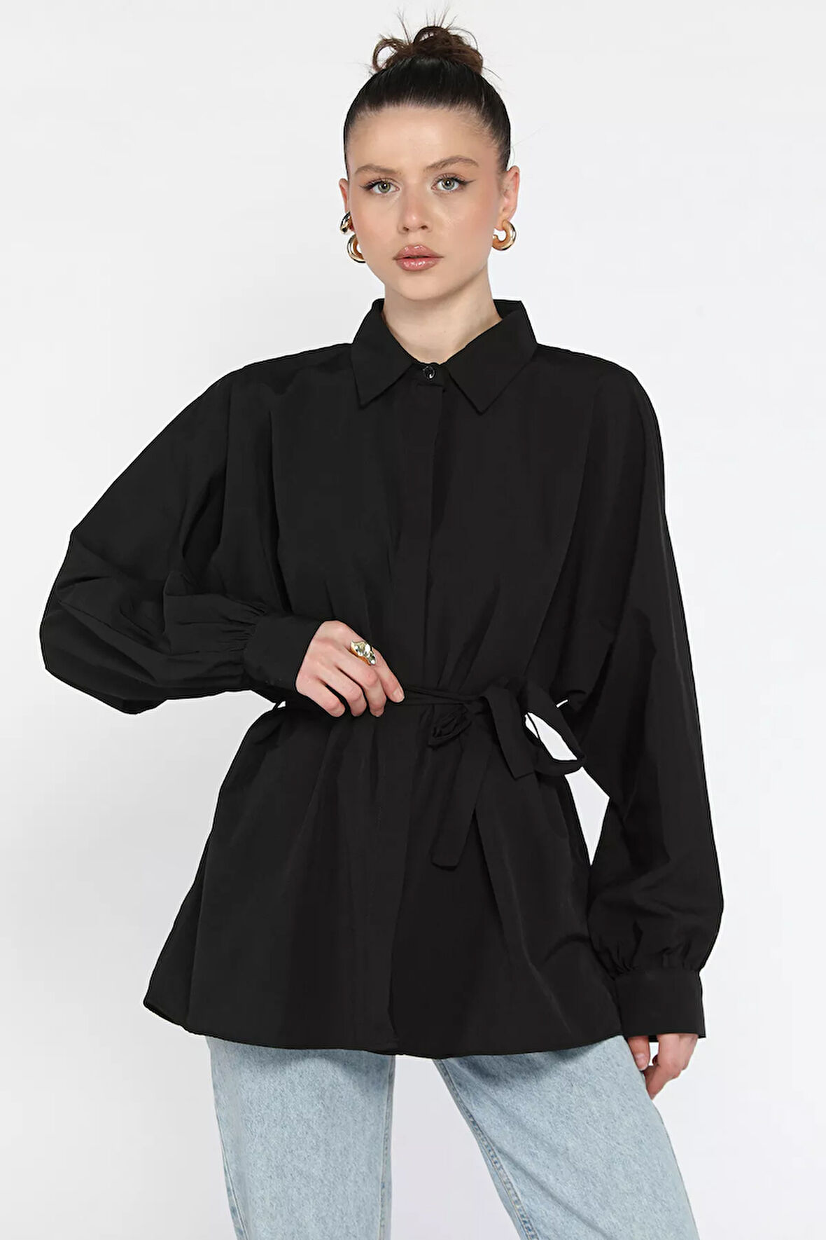 Kadın Bel Kuşak Detaylı Salaş Gömlek