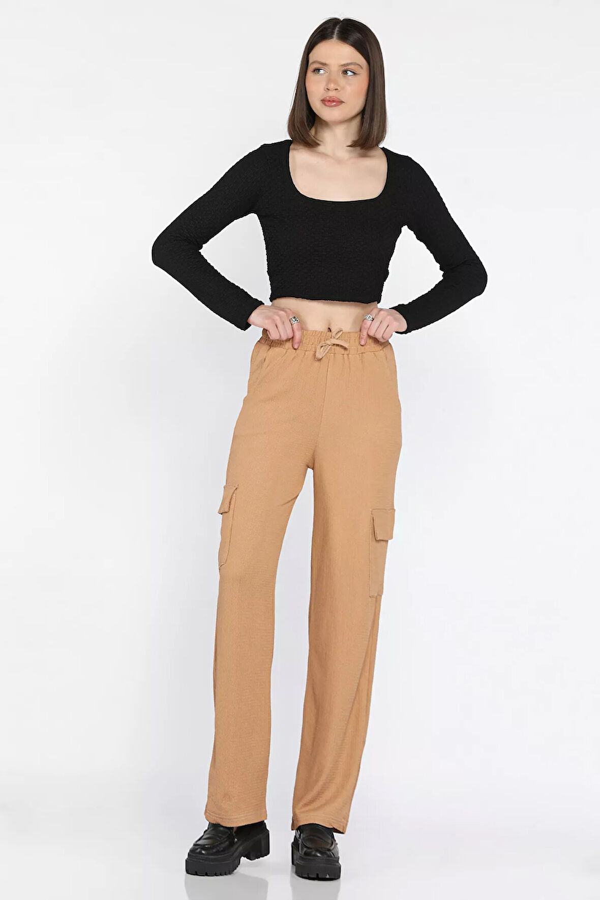 Kadın Bel Lastikli Bol Paça Kargo Cep Pantolon