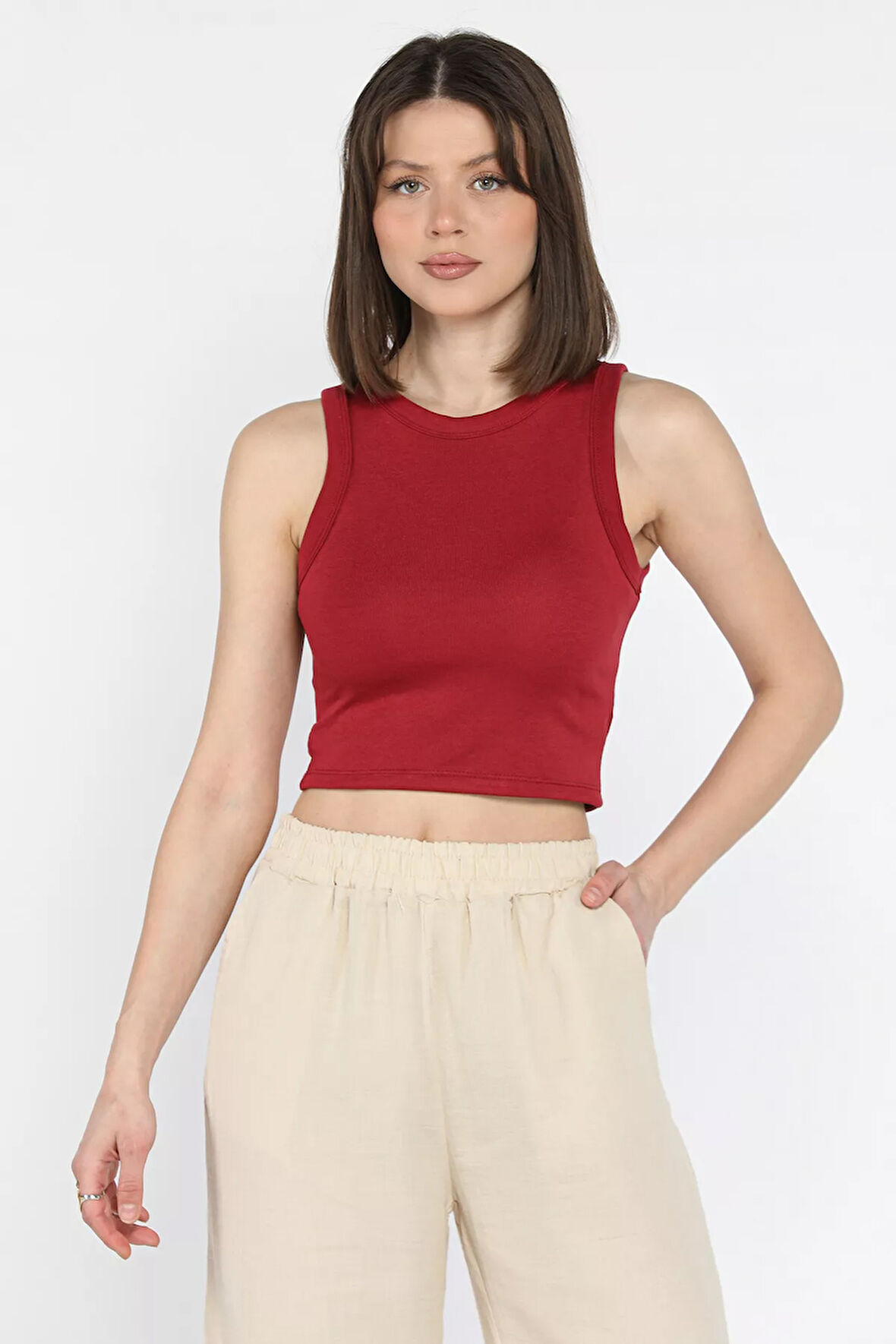 Kadın Bisiklet Yaka Sıfır Kol Crop Top Bluz