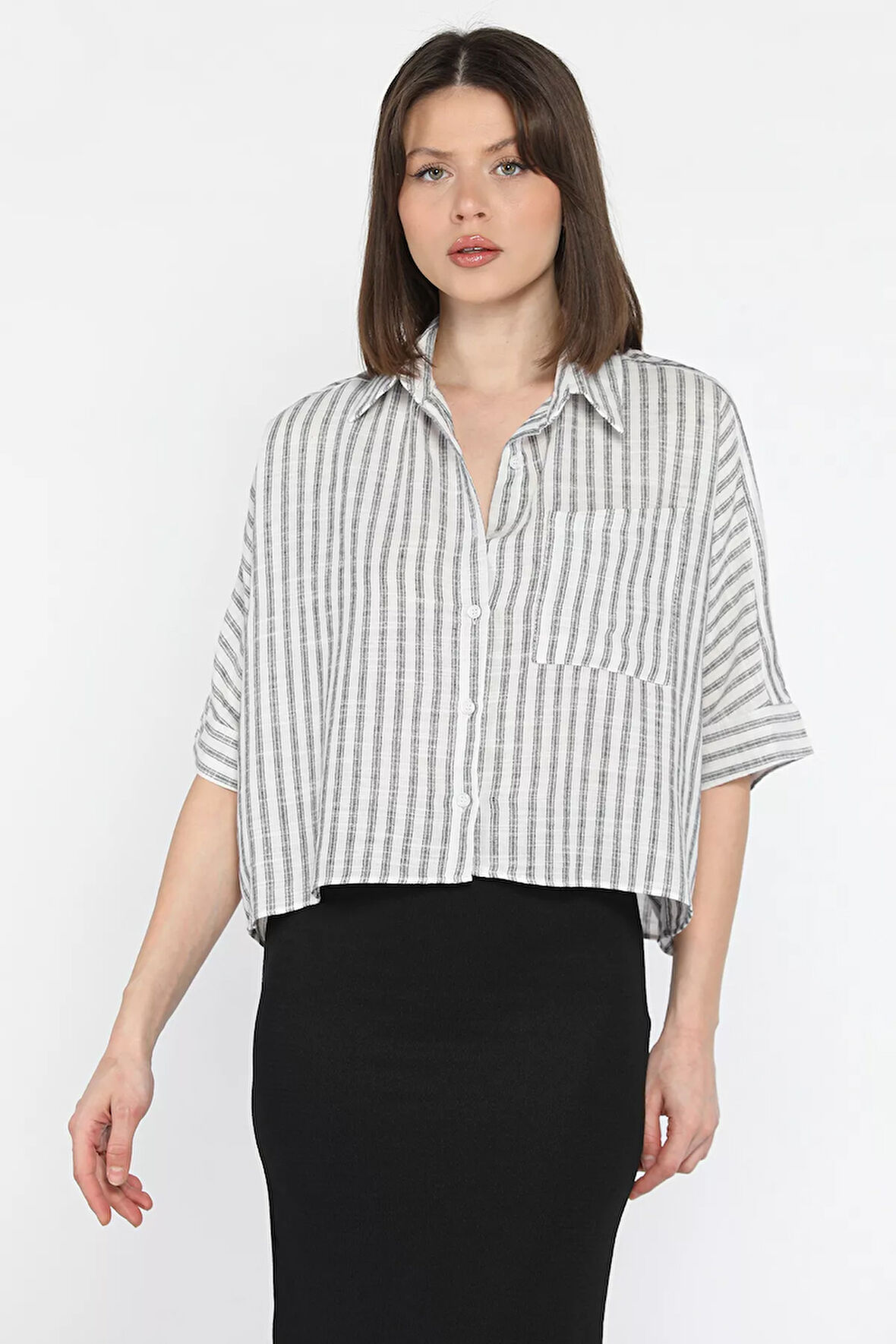 Kadın Tek Cepli Çizgi Desenli Oversize Gömlek